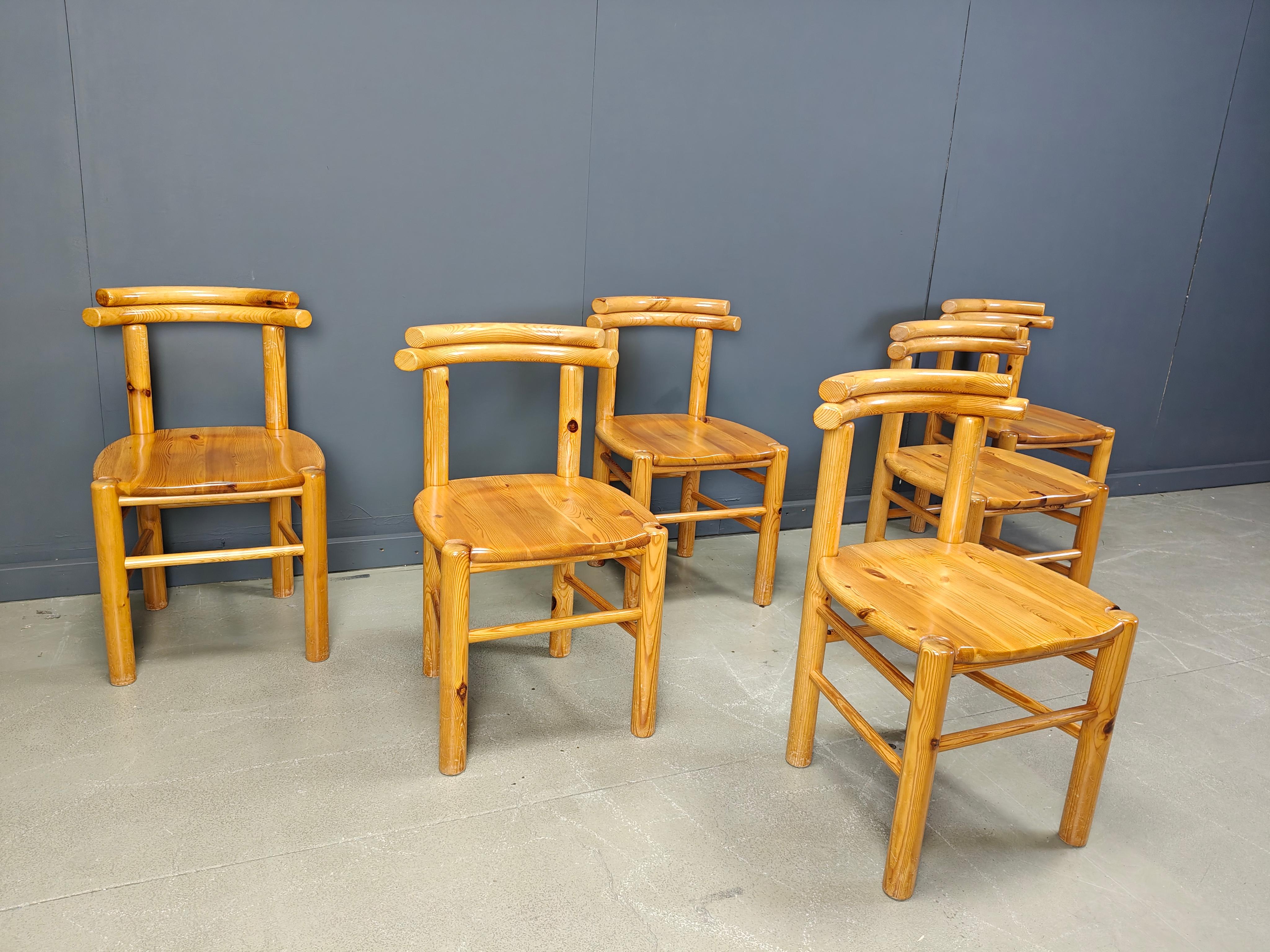 Chaises de salle à manger vintage en bois de pin - années 1980 - lot de 6 en vente 1