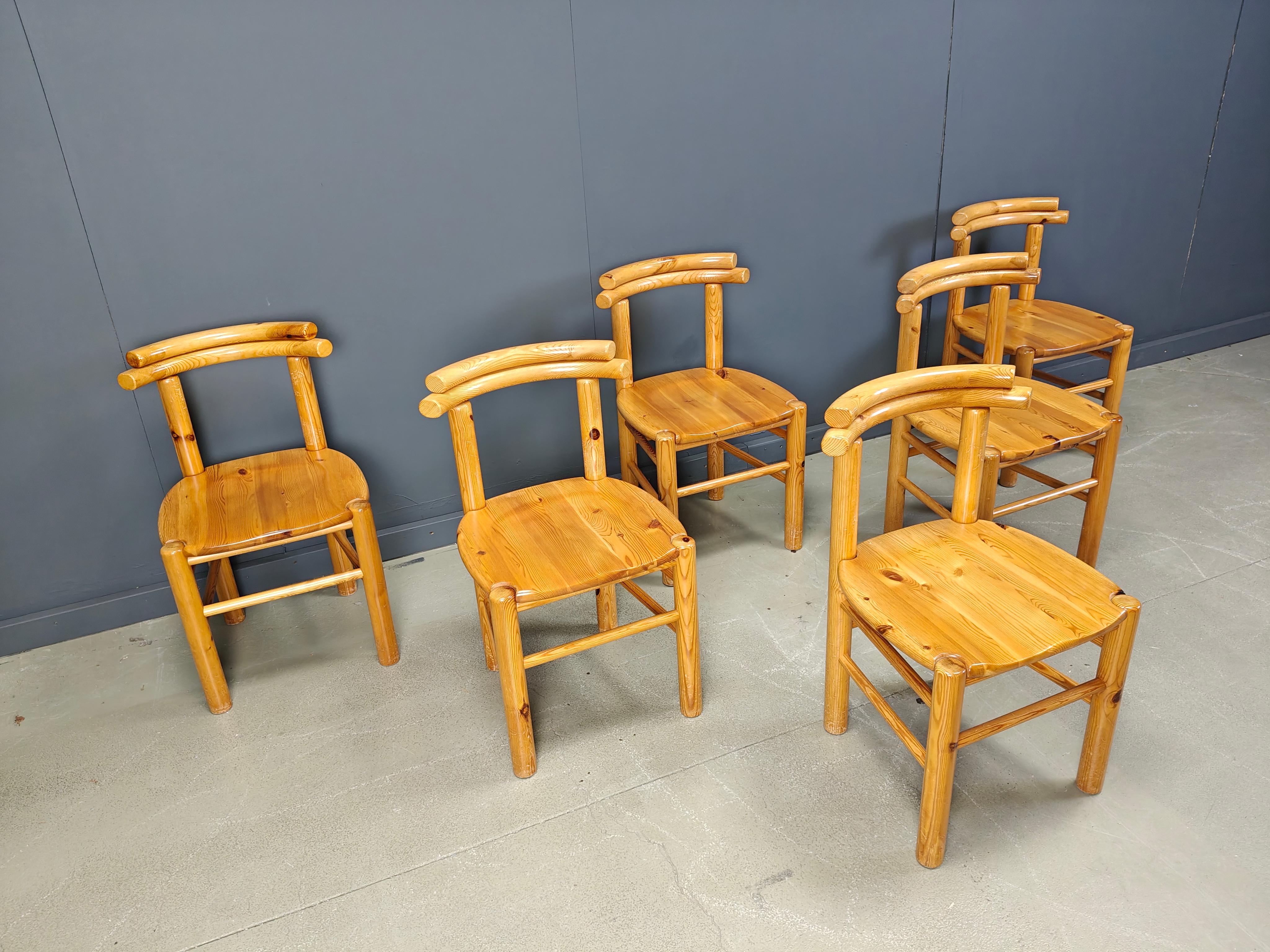 Chaises de salle à manger vintage en bois de pin - années 1980 - lot de 6 en vente 2