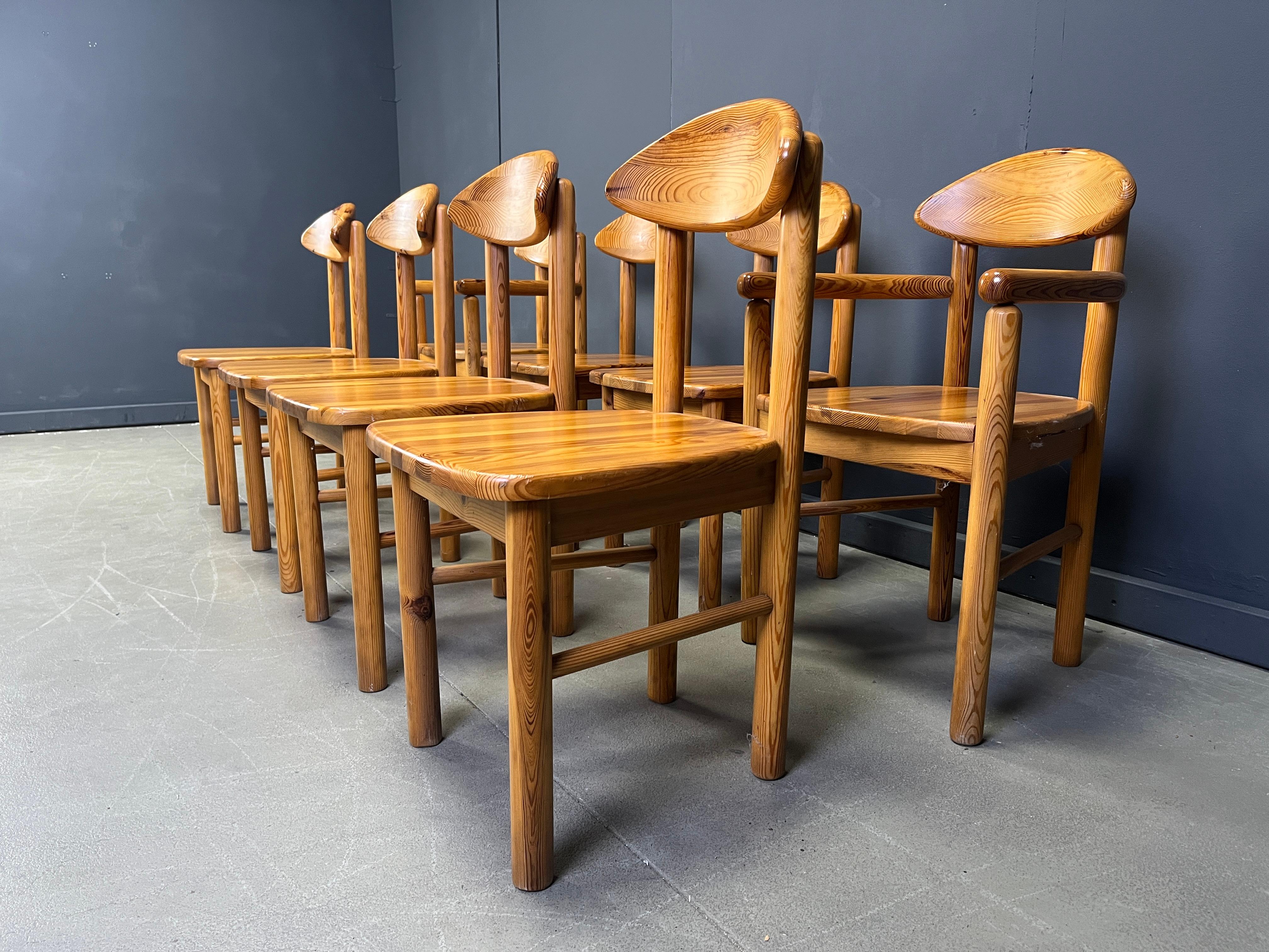 Pine Vintage pine wood dining chairs - 1980s - set of 8 For Sale