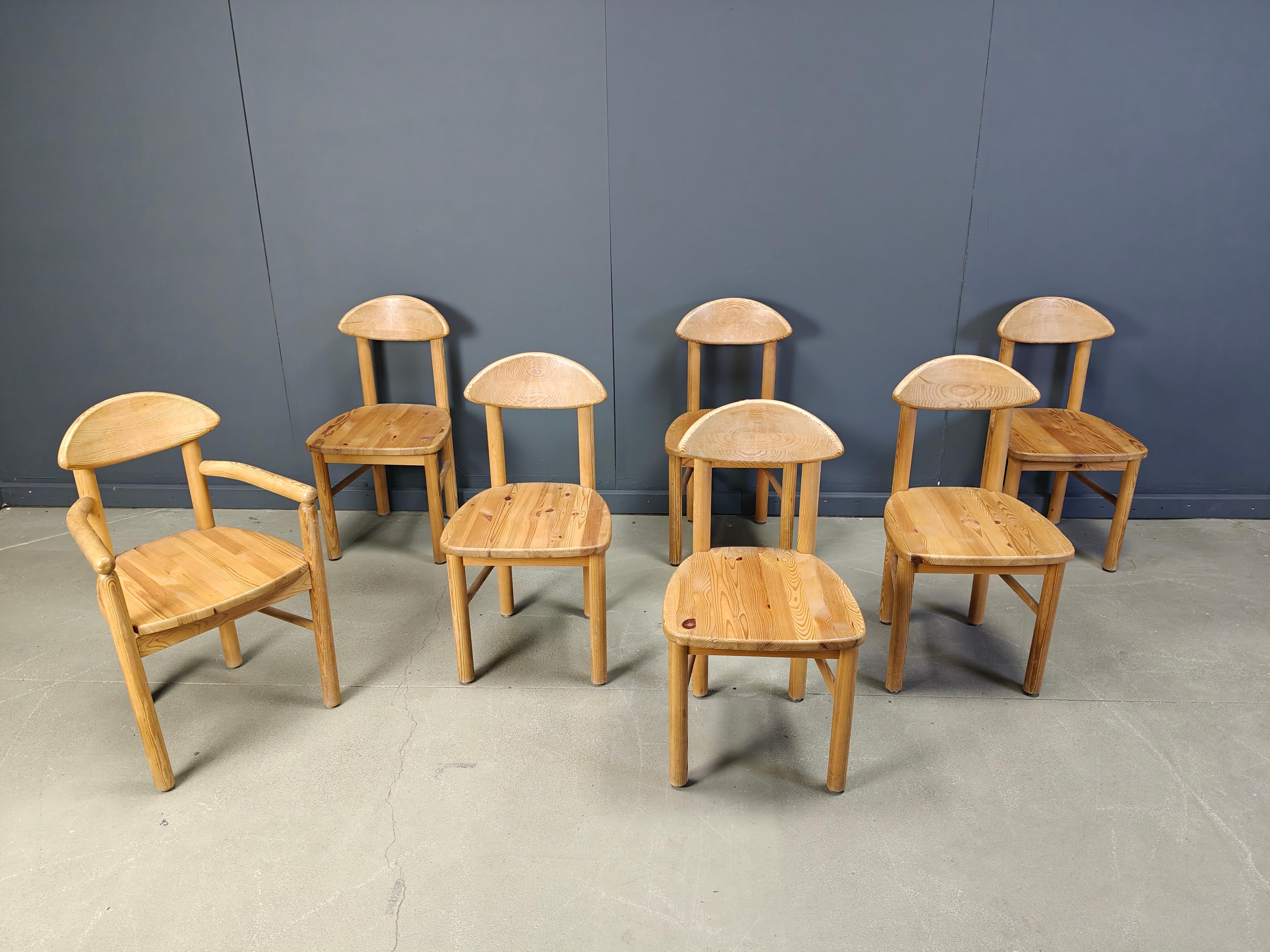 Vintage Kiefer Holz Esszimmerstühle, Satz von 7 - 1980s im Angebot 4