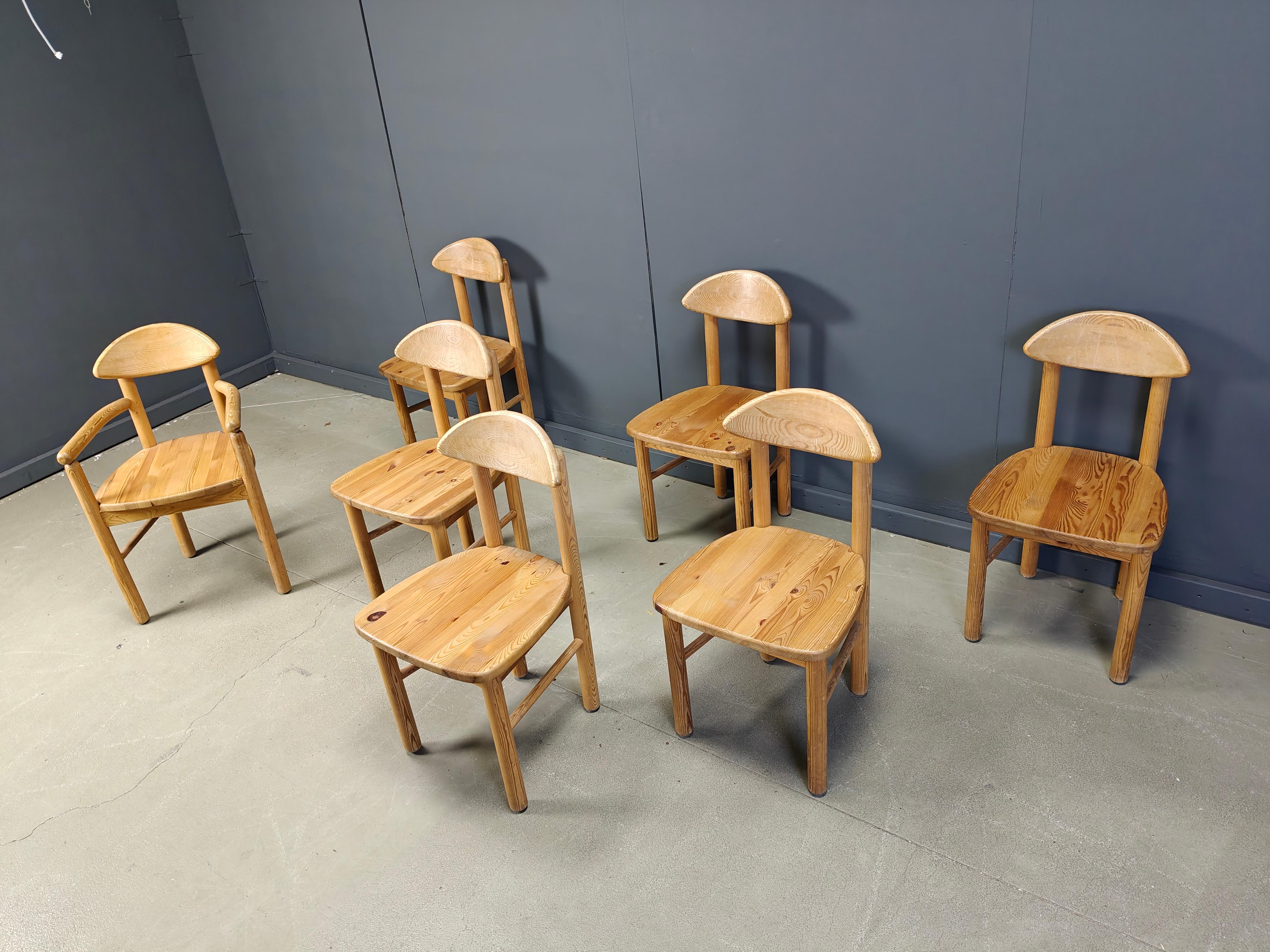 Vintage Kiefer Holz Esszimmerstühle, Satz von 7 - 1980s (Ende des 20. Jahrhunderts) im Angebot