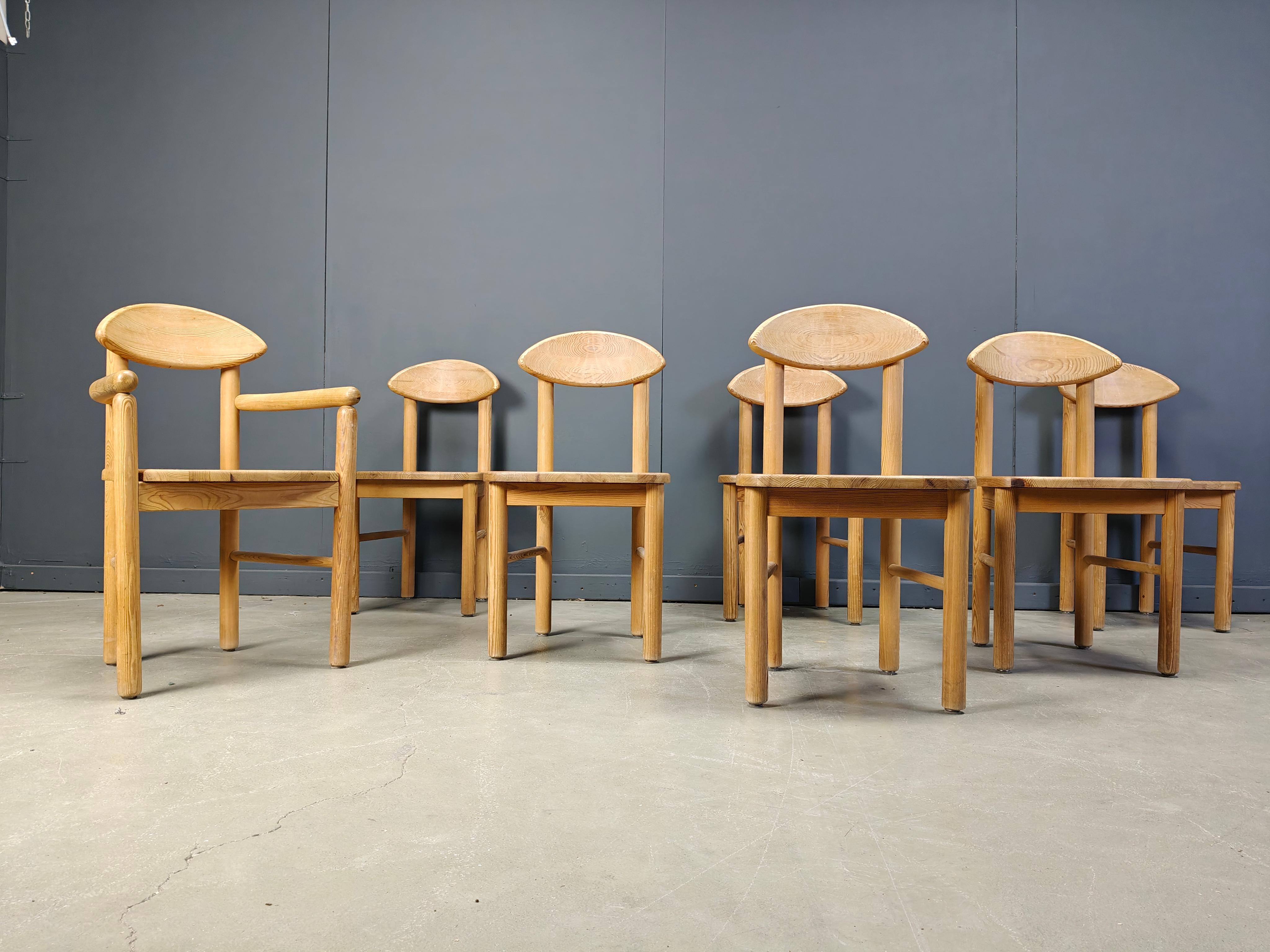 Vintage Kiefer Holz Esszimmerstühle, Satz von 7 - 1980s im Angebot 1