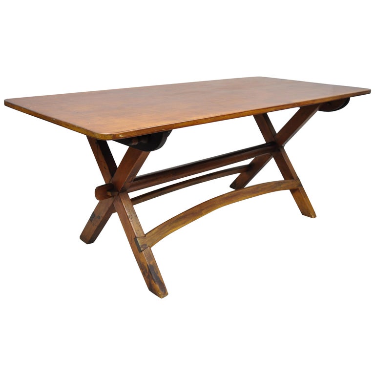 Vintage Pine Wood Farm House Dining Table With Sawbuck Trestle X Base At 1stdibs