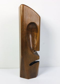 Vintage pine wood stylized abstract face sculpture