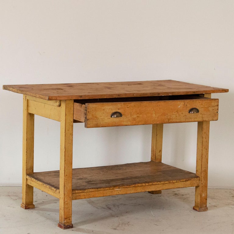 Vintage Pine Wood Work Table Small Kitchen Island with Original Painted