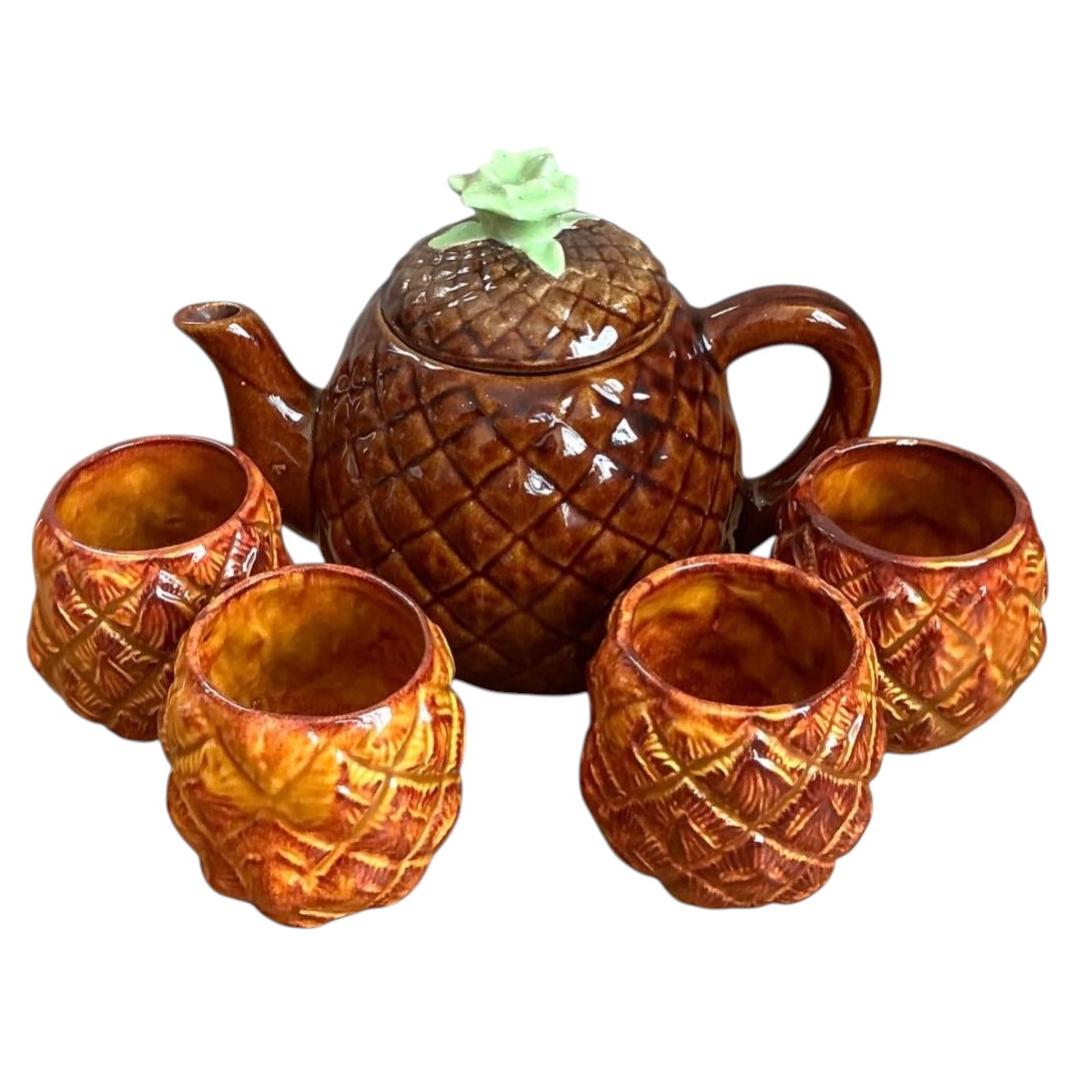 Vintage Pineapple Ceramic Teapot and Mugs Set For Sale
