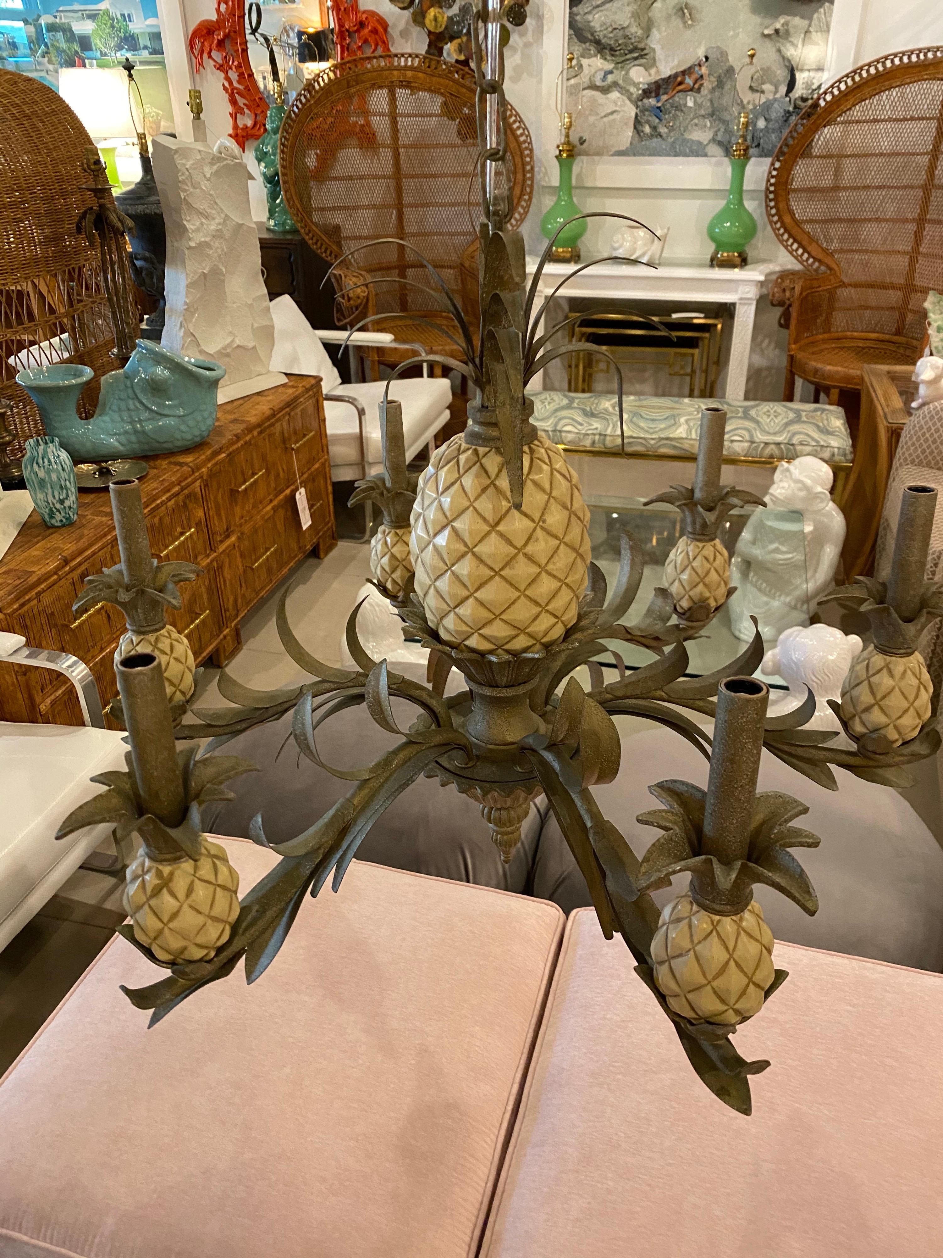 Vintage Pineapple Metal Tole Chandelier 6 Lights 4