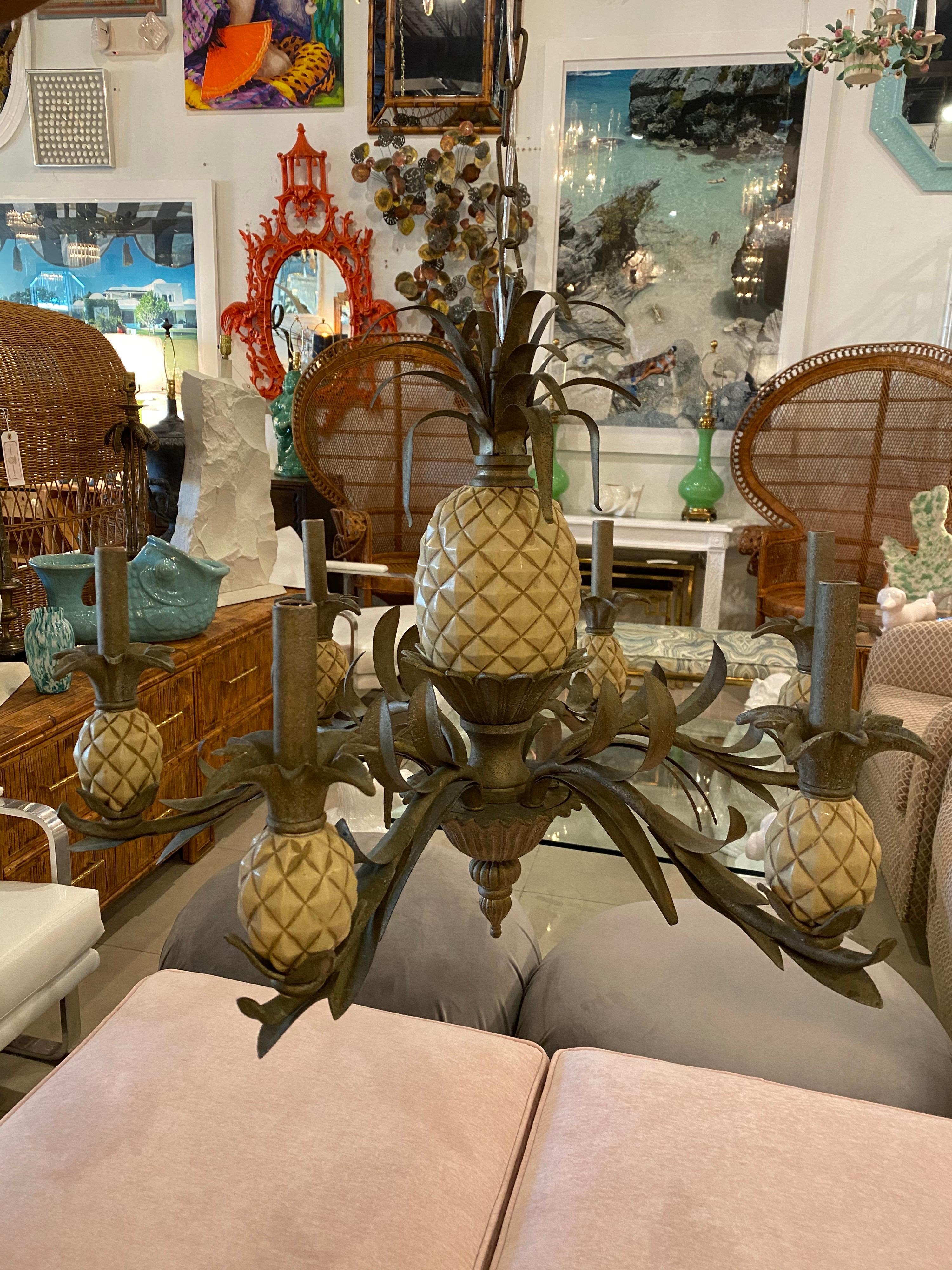 Vintage Pineapple Metal Tole Chandelier 6 Lights 5