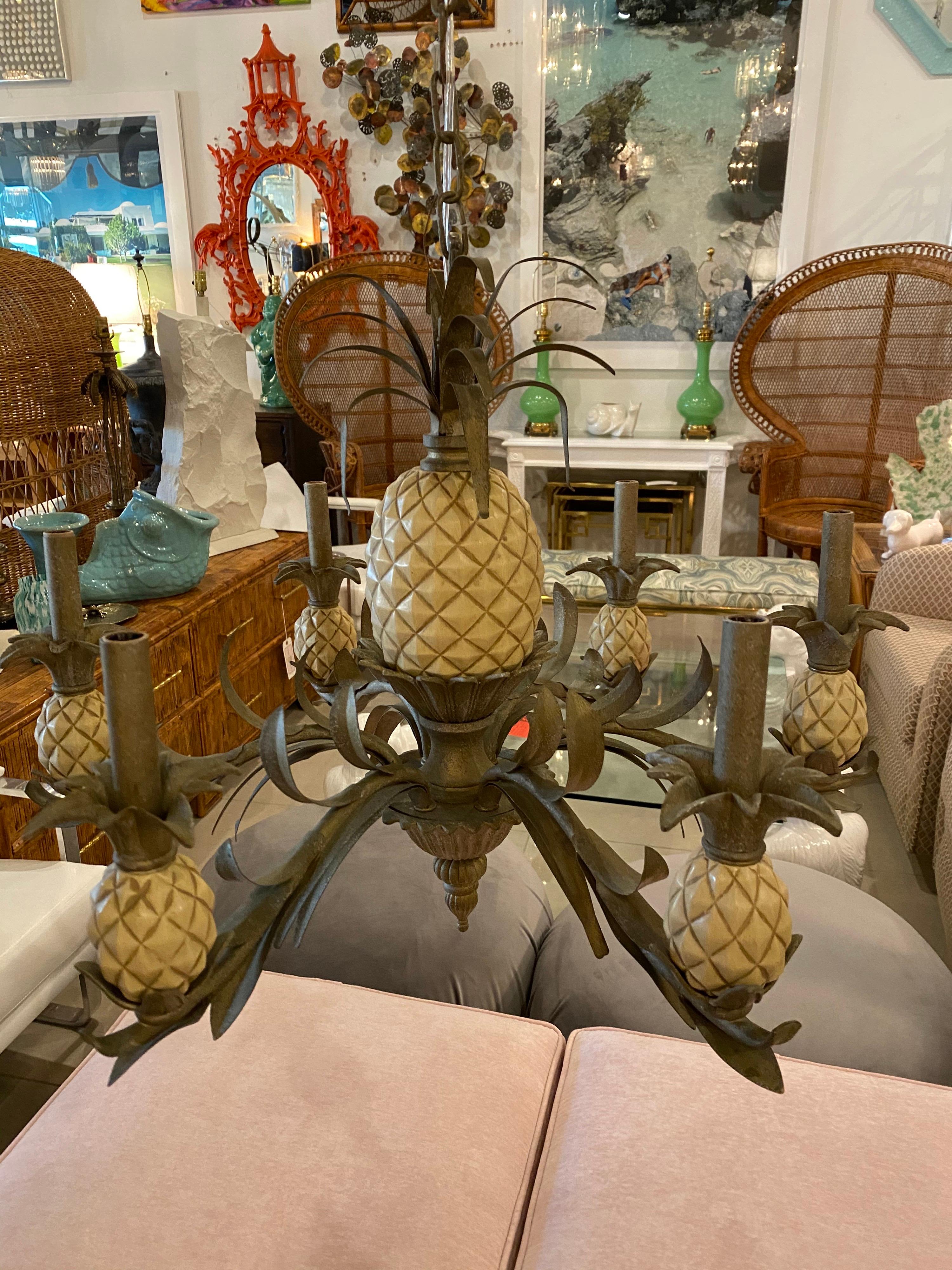 Vintage Pineapple Metal Tole Chandelier 6 Lights 6