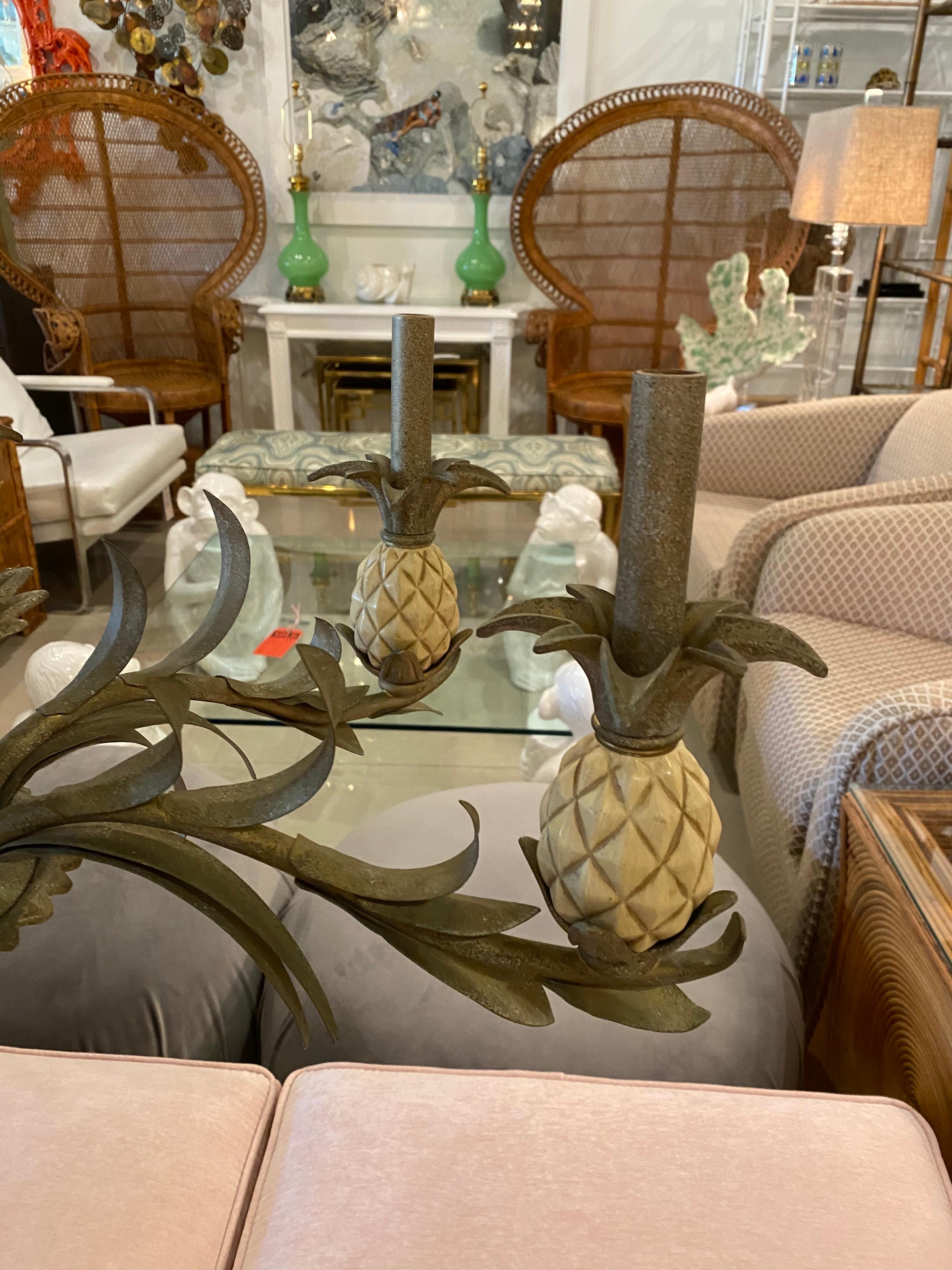 Vintage Pineapple Metal Tole Chandelier 6 Lights In Good Condition In West Palm Beach, FL