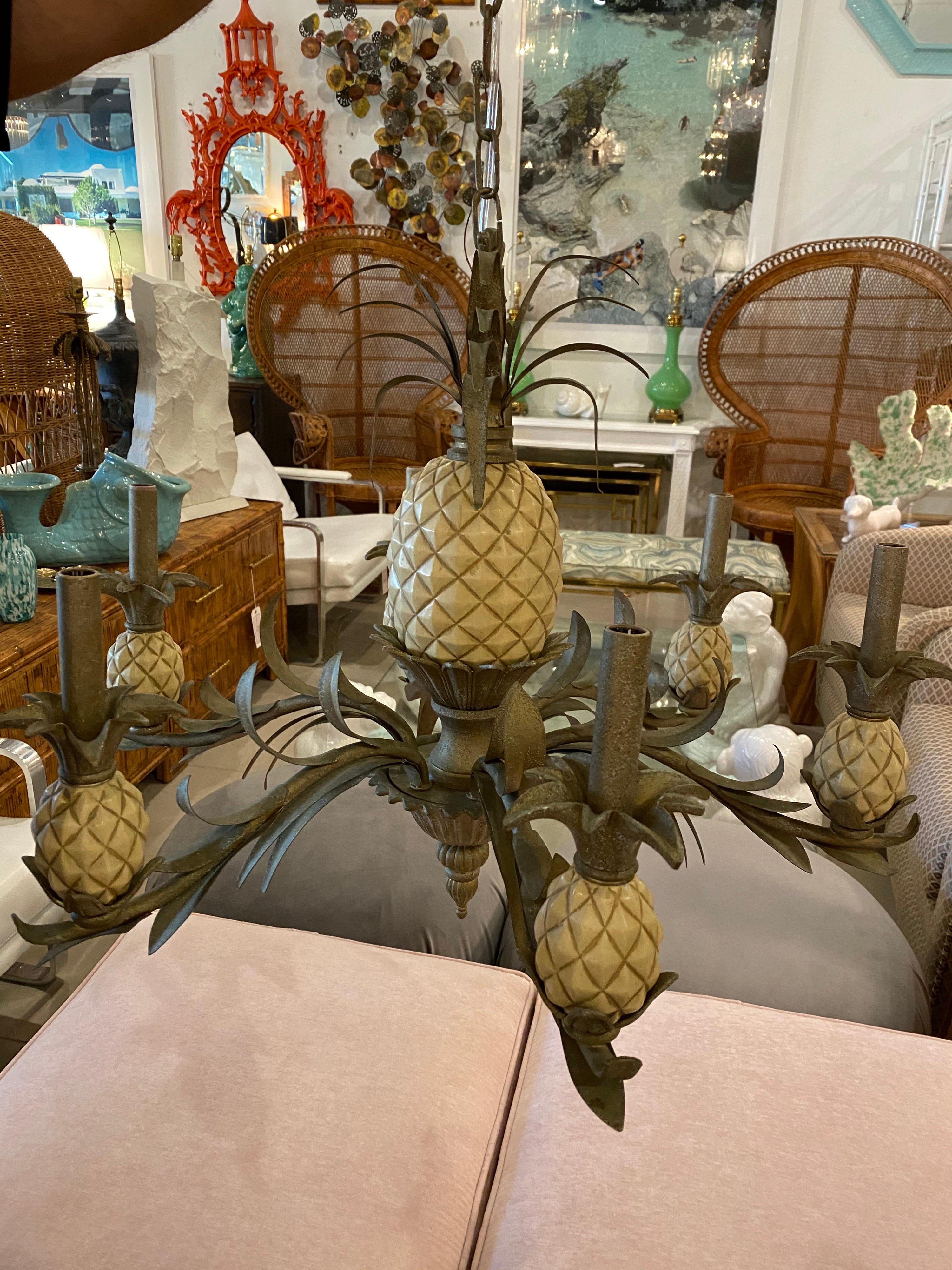Late 20th Century Vintage Pineapple Metal Tole Chandelier 6 Lights