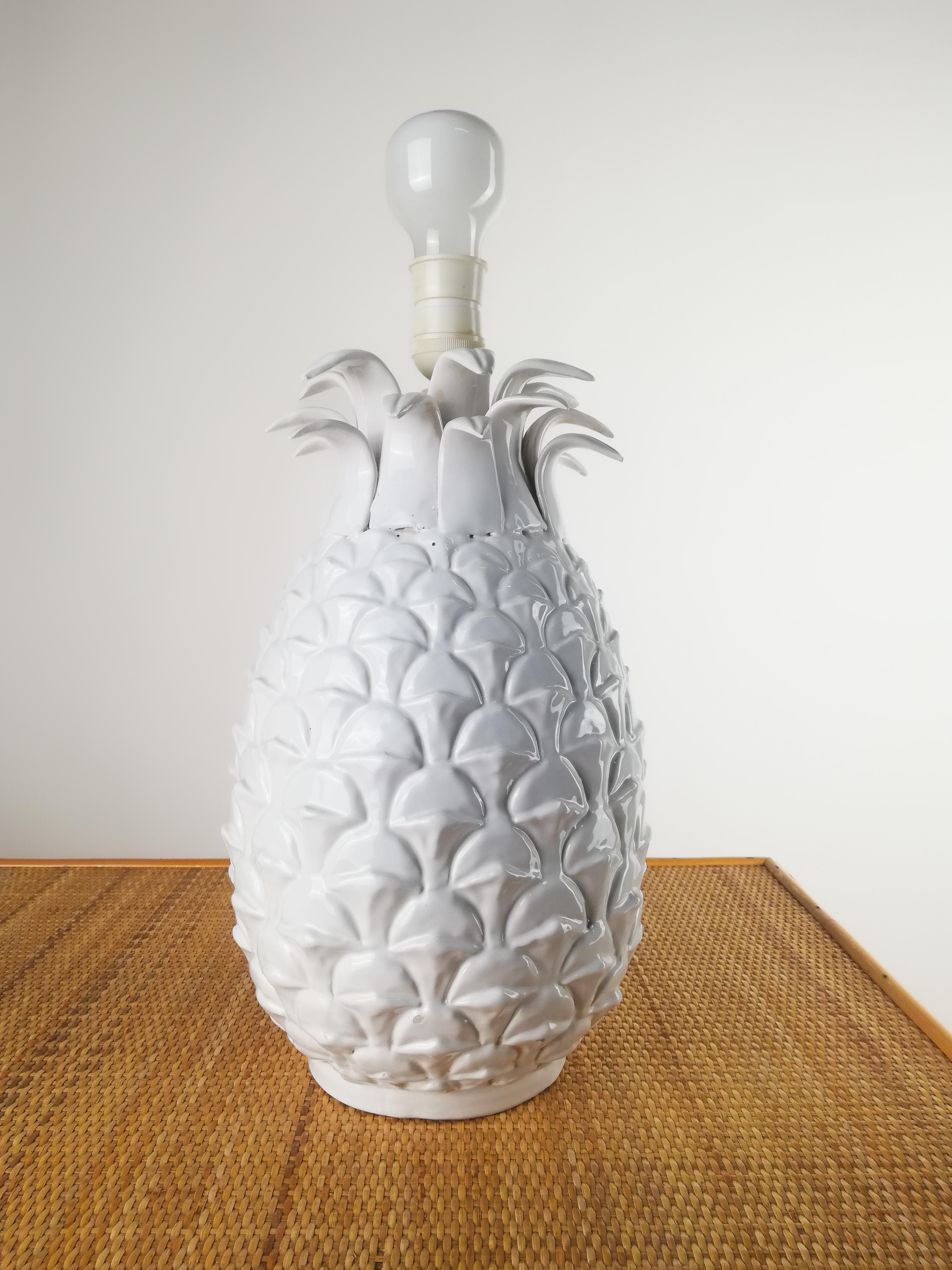 Vintage Pineapple White Ceramic Lamp in the Style of Tommaso Barbi, Italy, 1970s 5