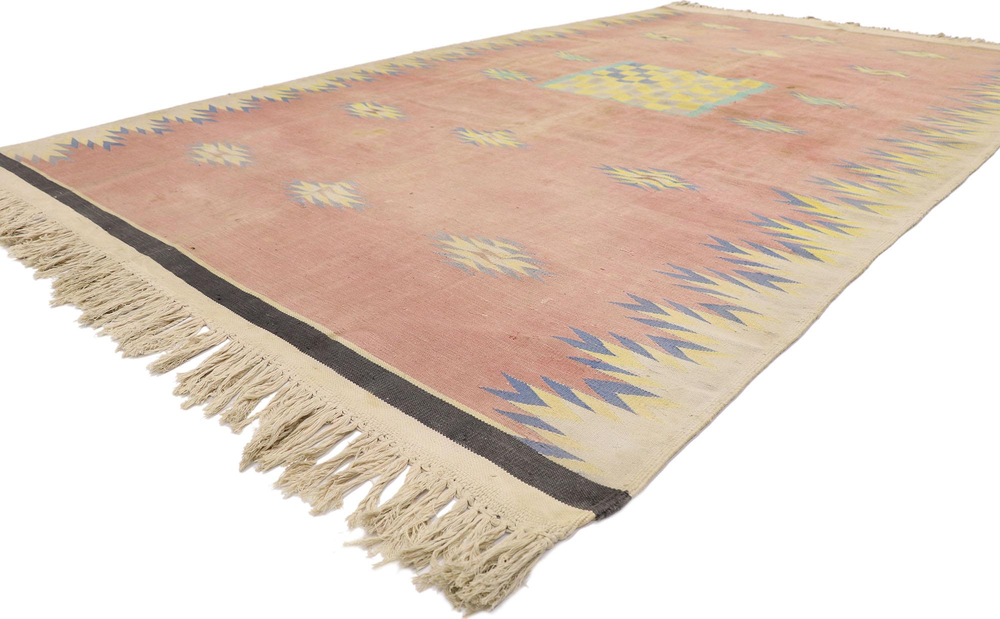 78006 Vintage Afghan Dhurrie Rug, 06'05 x 10'11. Embark on a captivating journey where tribal enchantment gracefully converges with southwest desert chic in our handwoven cotton vintage Afghan Dhurrie rug. Rooted in tradition, this flatweave rug