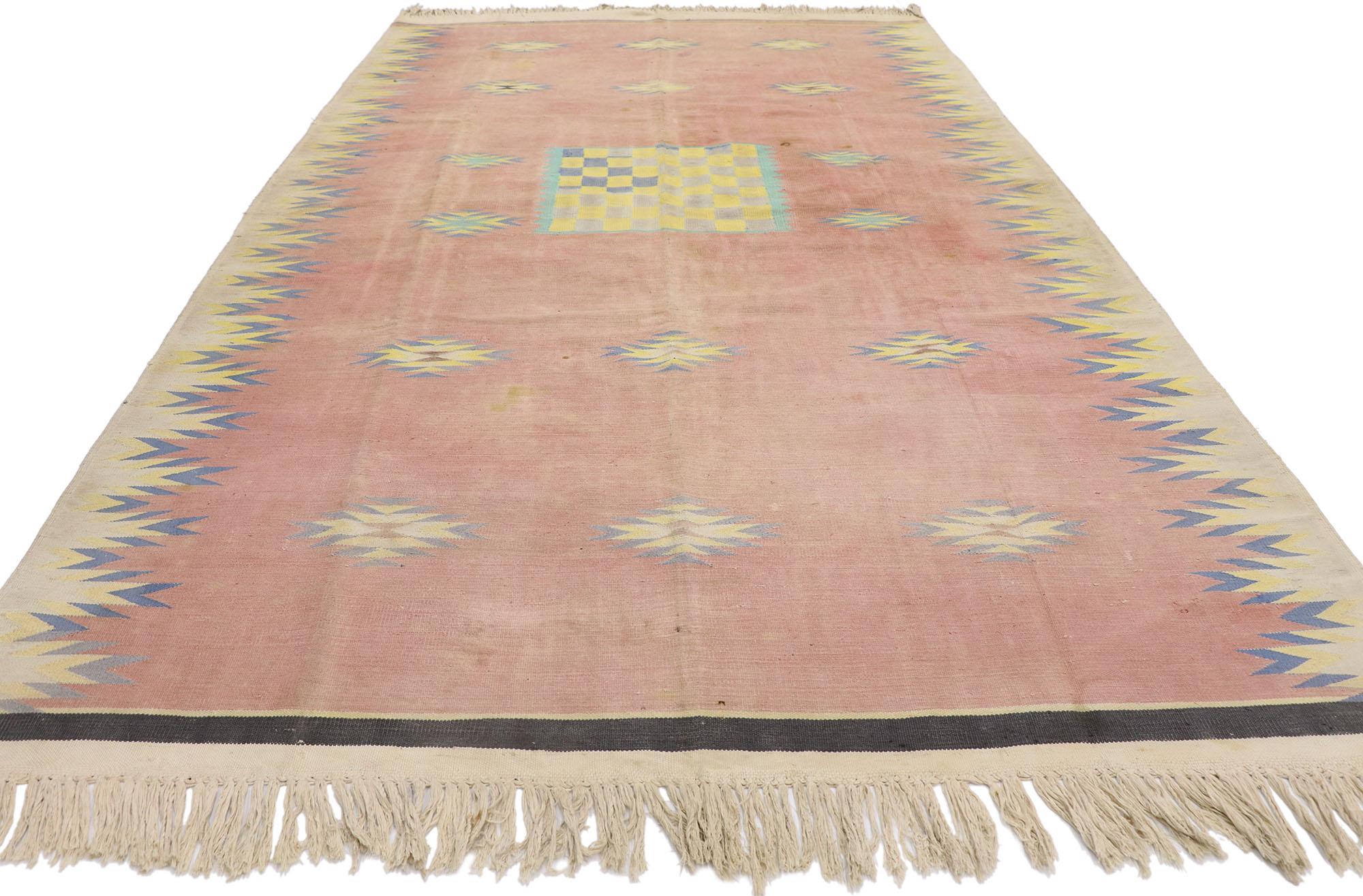 Bohemian Vintage Pink Afghan Dhurrie Carpet For Sale