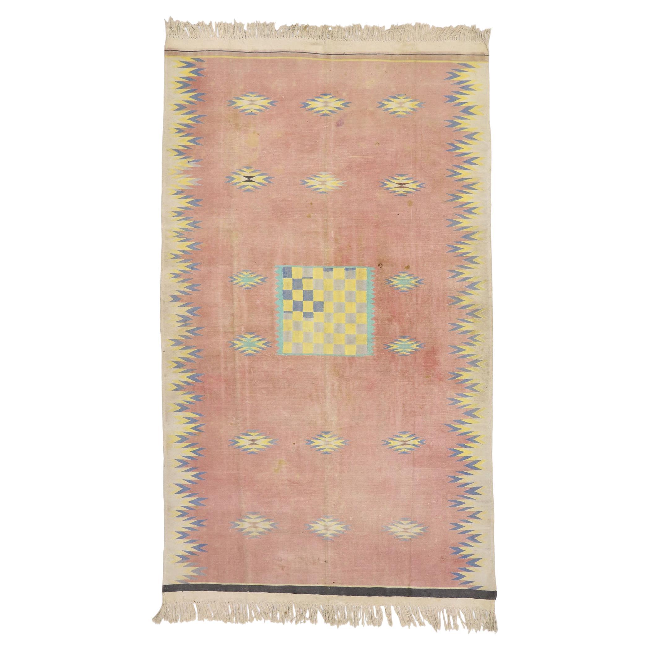 Vintage Pink Afghan Dhurrie Carpet