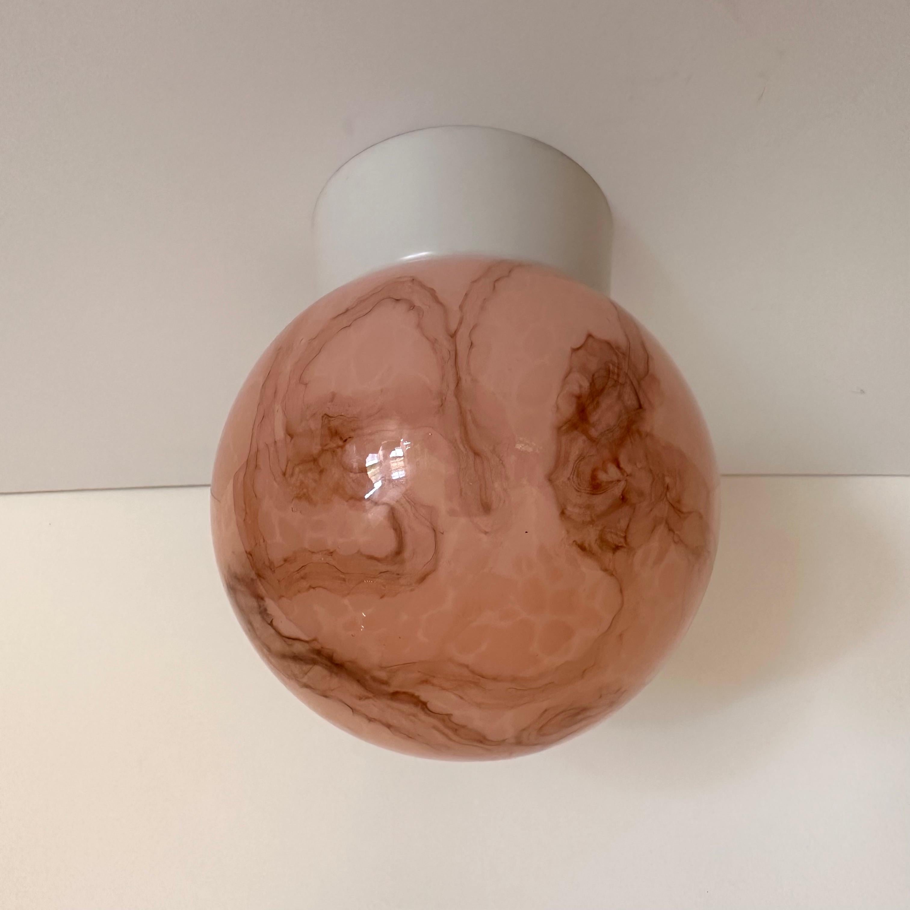 Vintage Pink and Amber Swirl Glass Globe Flush Mount with White Plastic Fitter For Sale 8