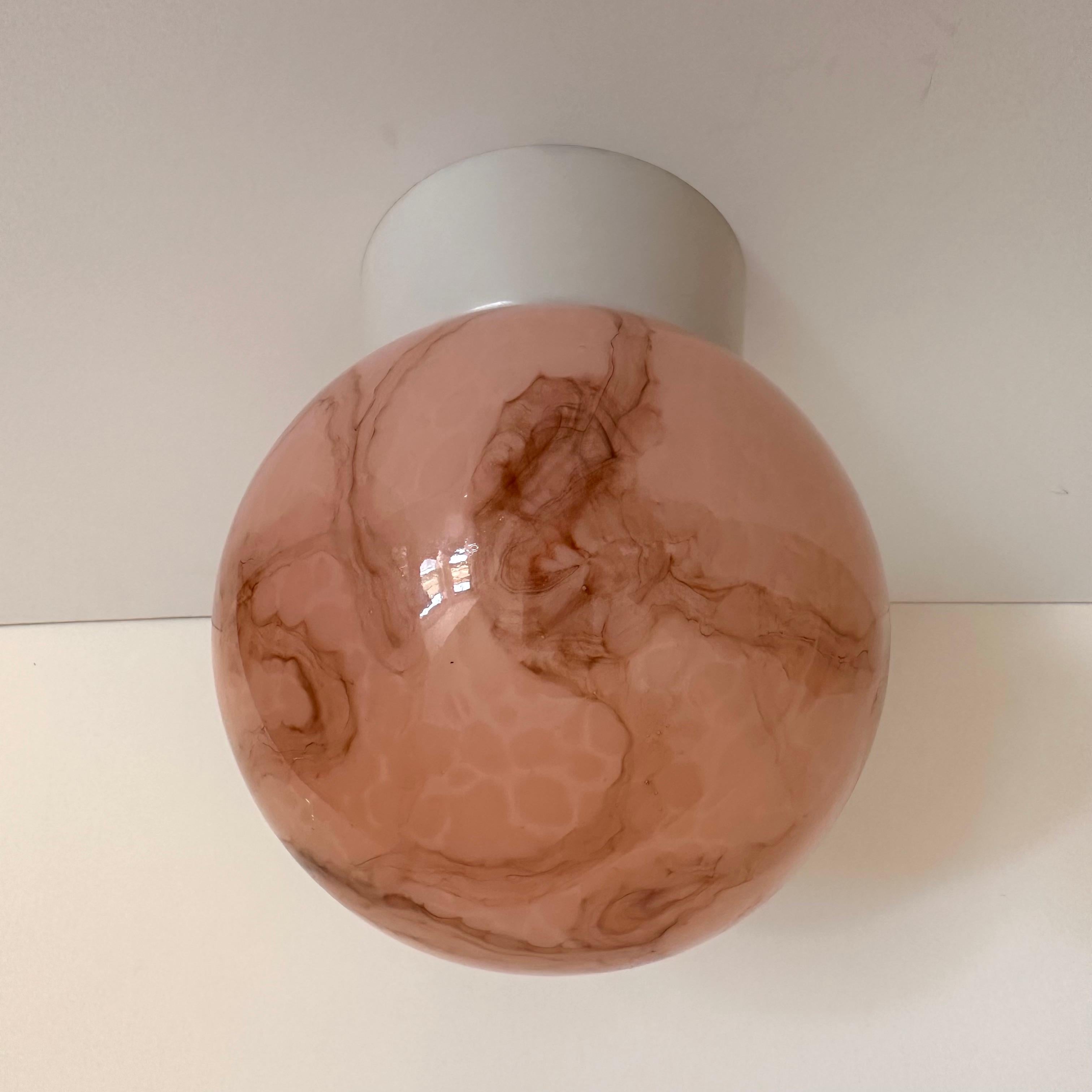 Vintage Pink and Amber Swirl Glass Globe Flush Mount with White Plastic Fitter In Good Condition For Sale In Amityville, NY