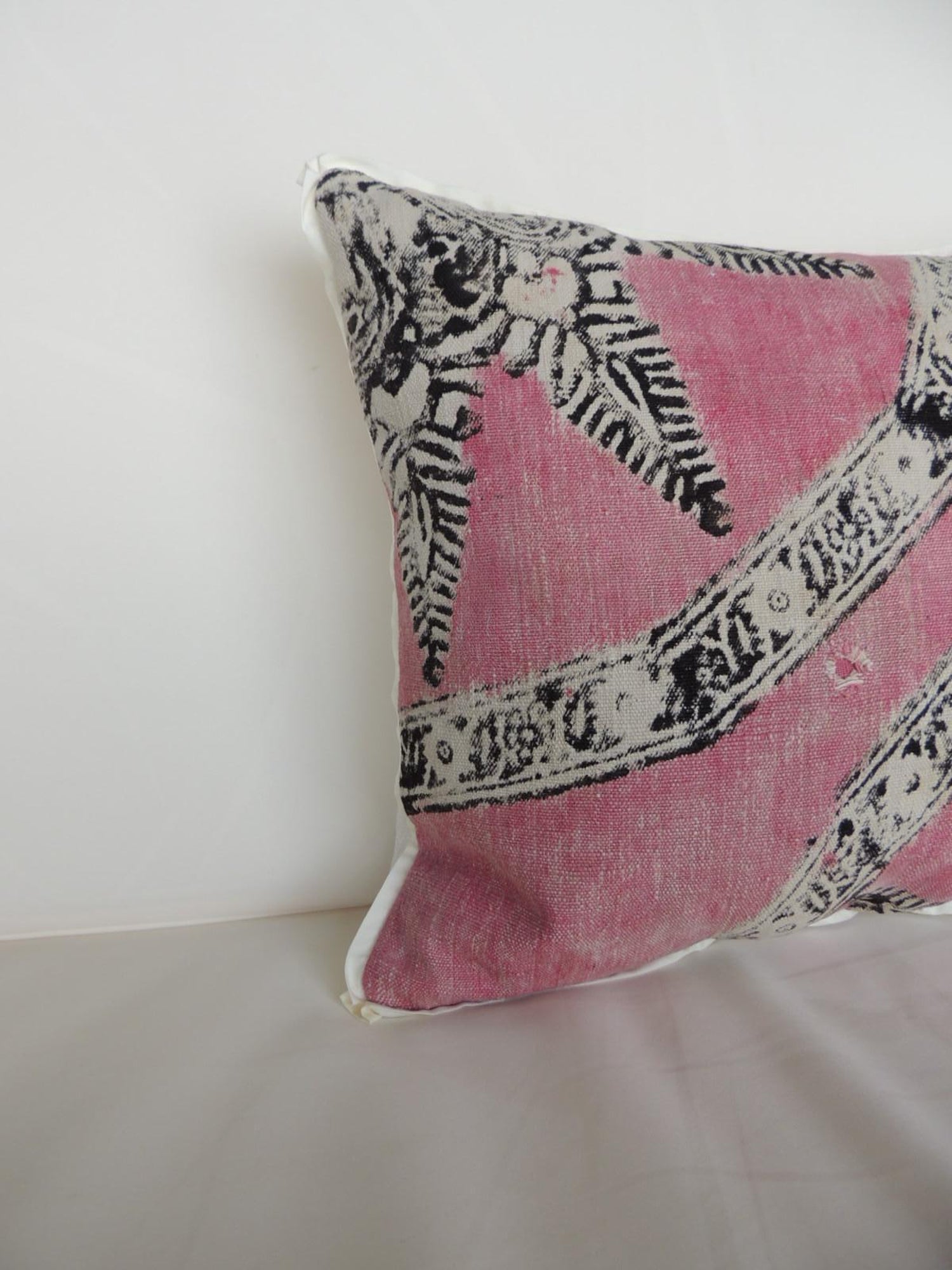 Vintage Pink And Black Hand Blocked Bolster Decorative Pillow At