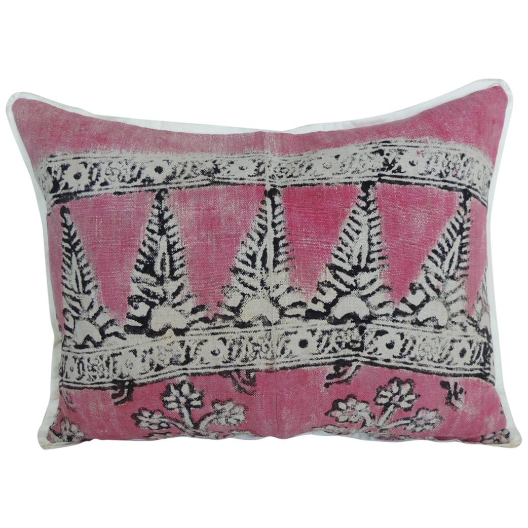 Vintage Pink and Black Hand Blocked Bolster Decorative Pillow For Sale