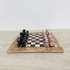 Vintage pink and black marble with brass chess set , 1970s , Italy