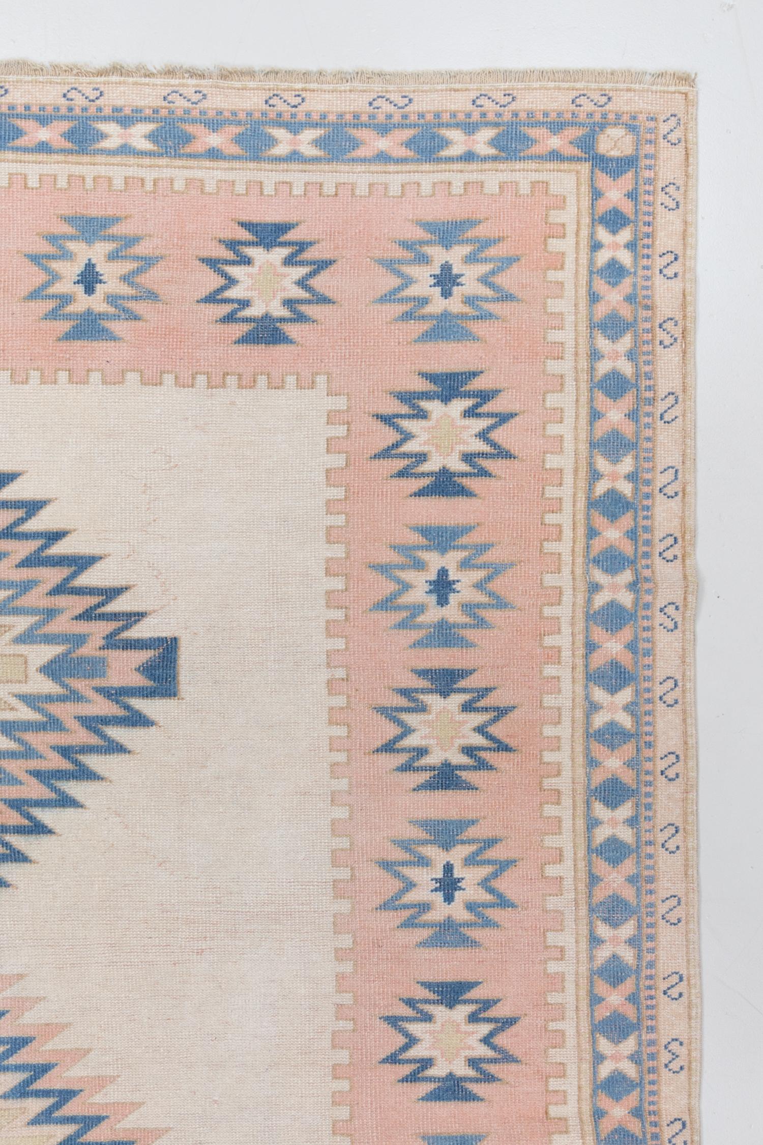 Turkish Vintage Pink and Blue Anatolian Rug For Sale