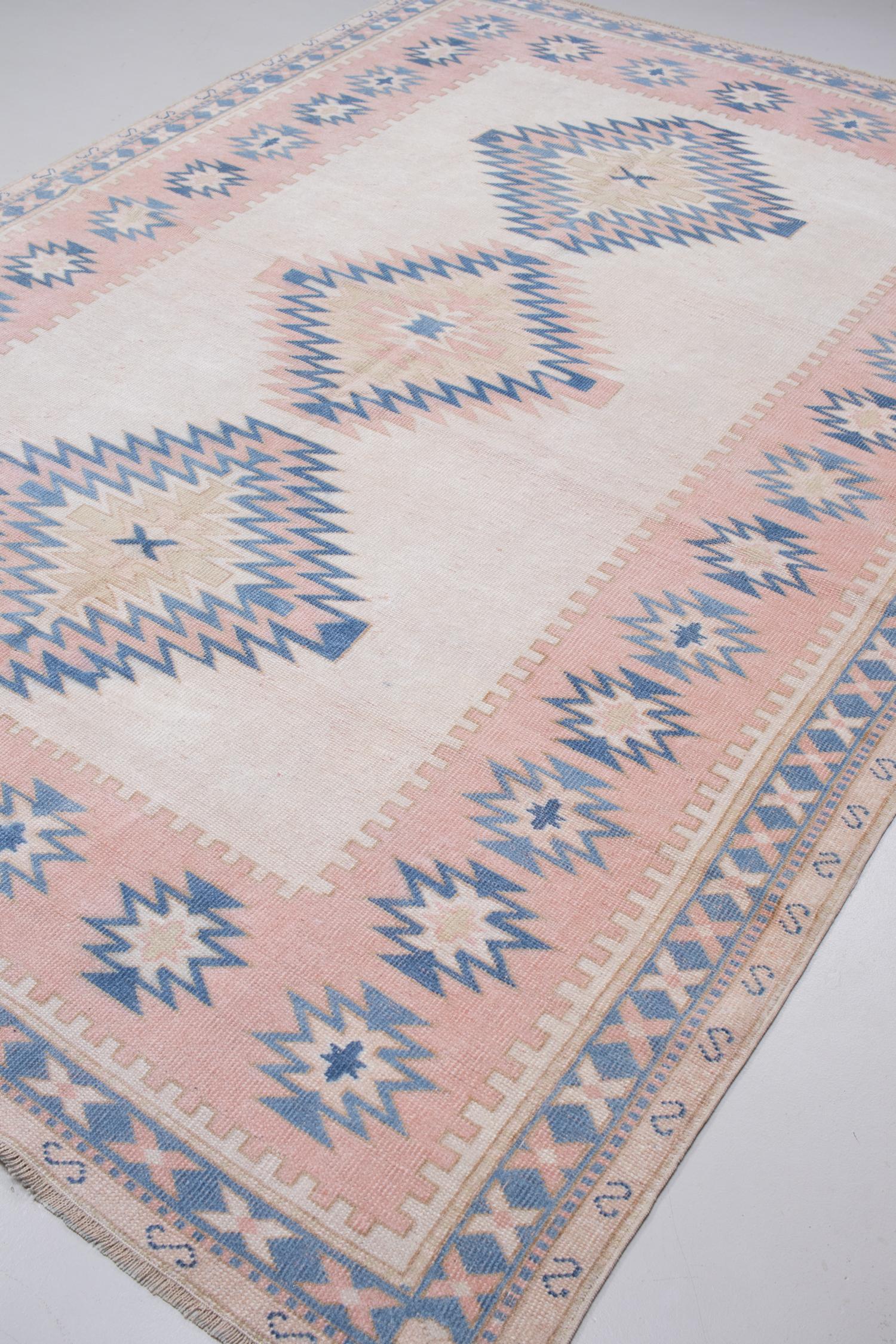 Vintage Pink and Blue Anatolian Rug In Good Condition For Sale In West Palm Beach, FL