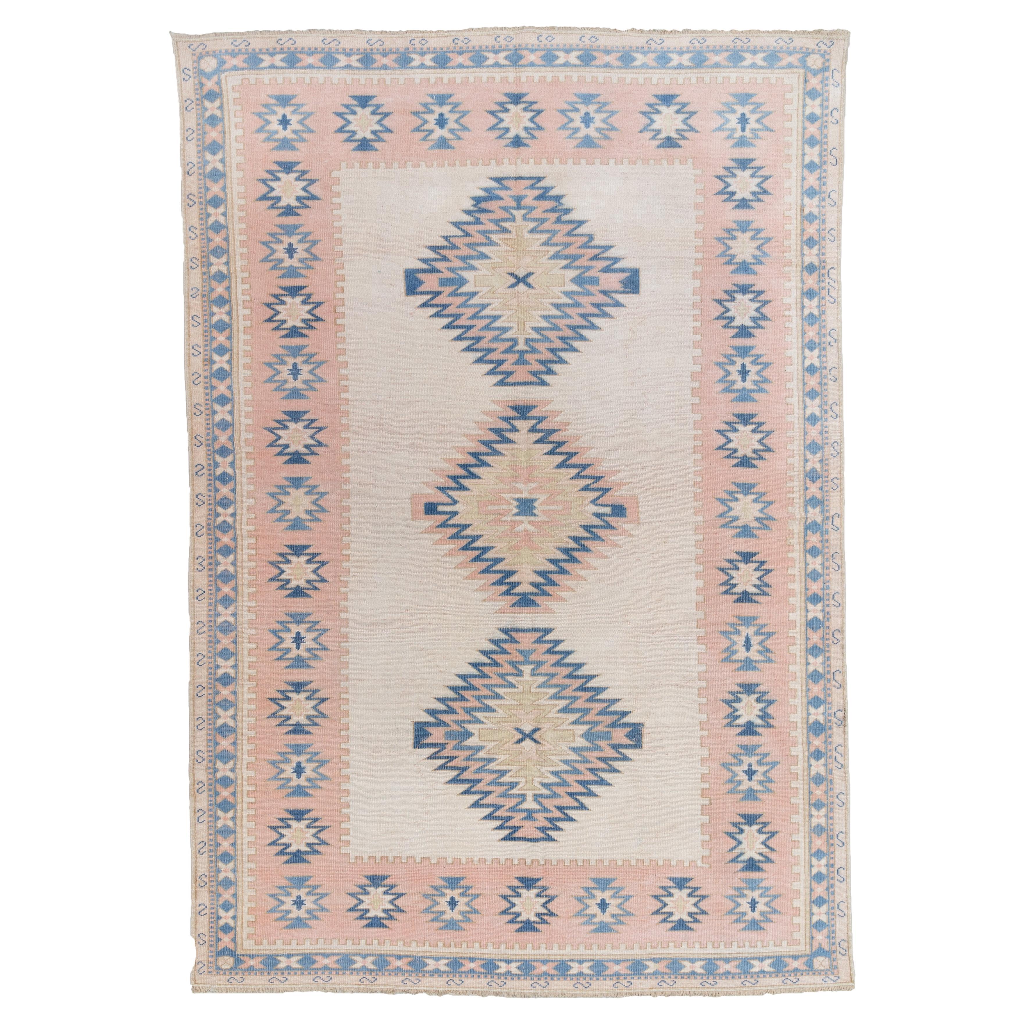 Vintage Pink and Blue Anatolian Rug For Sale