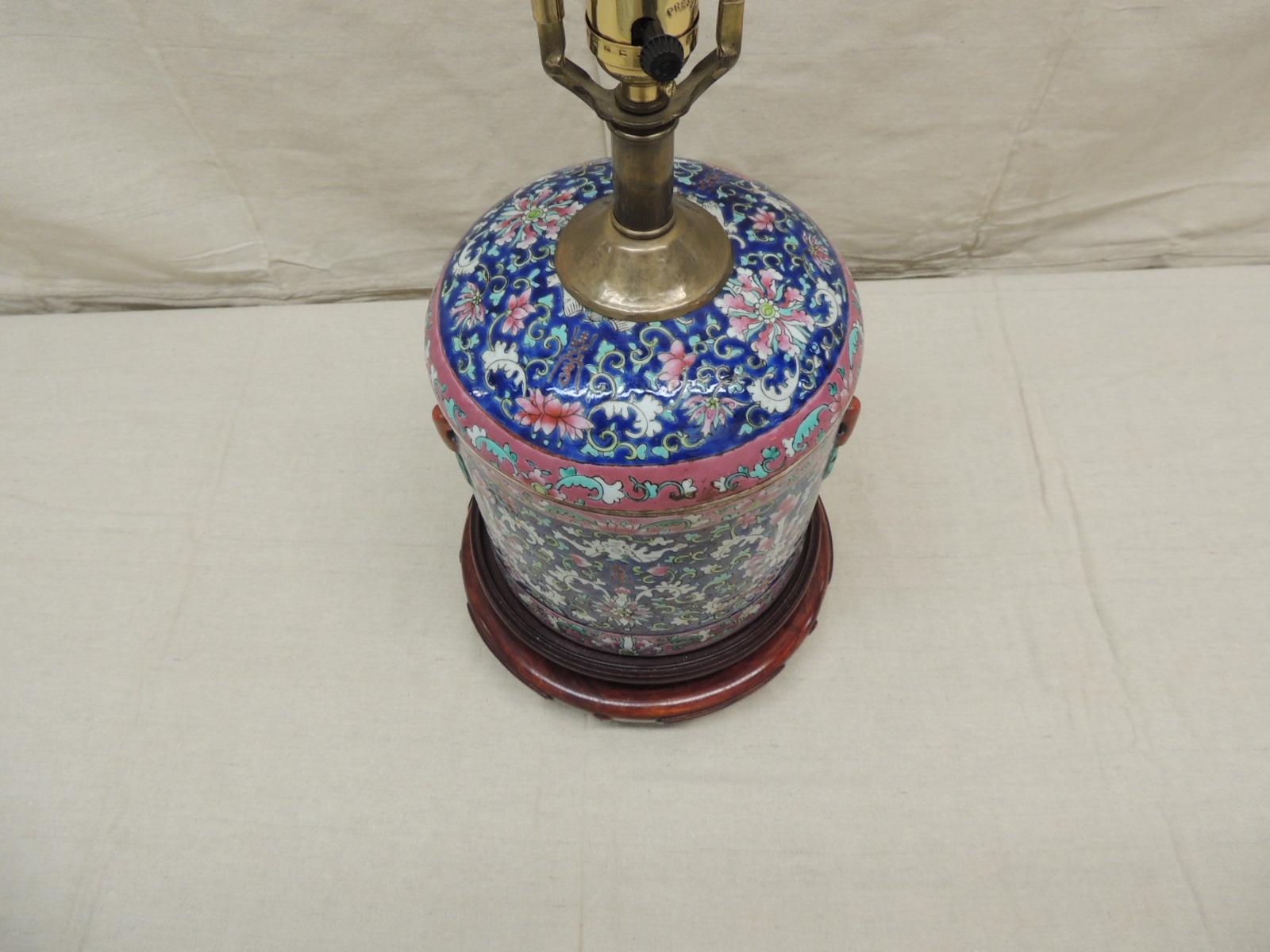 Fait main Vintage Pink and Blue Chines Export Table Lamp with Double Base