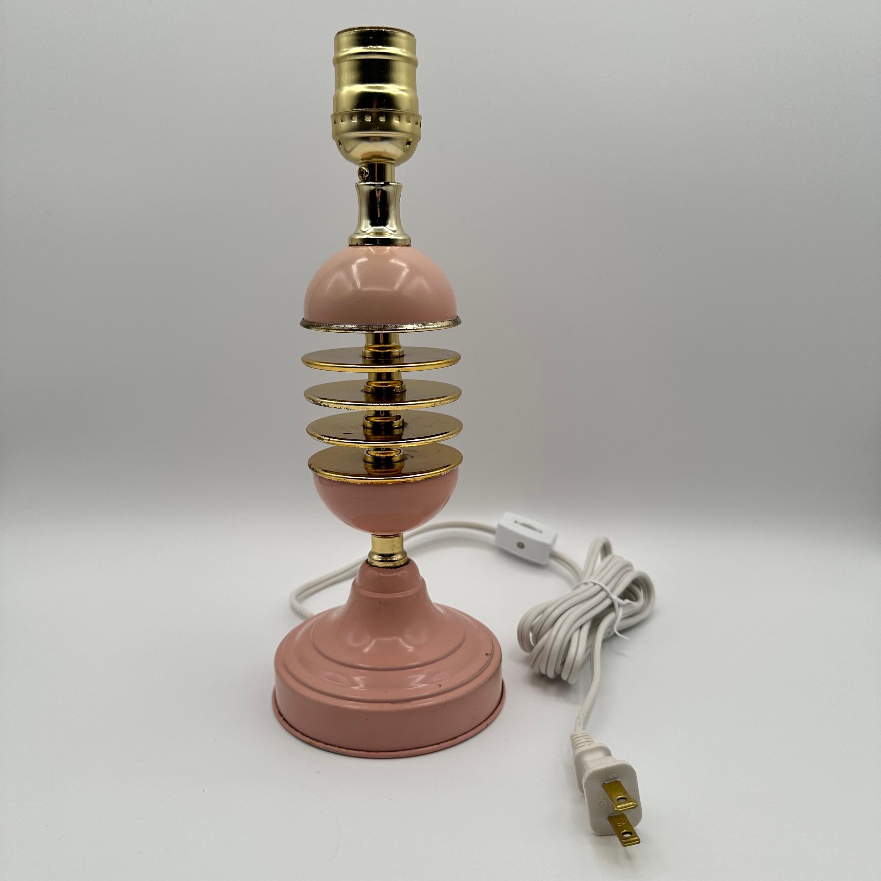 Vintage Pink and Brass Table Lamp with Round Floating Disc Body For Sale 5