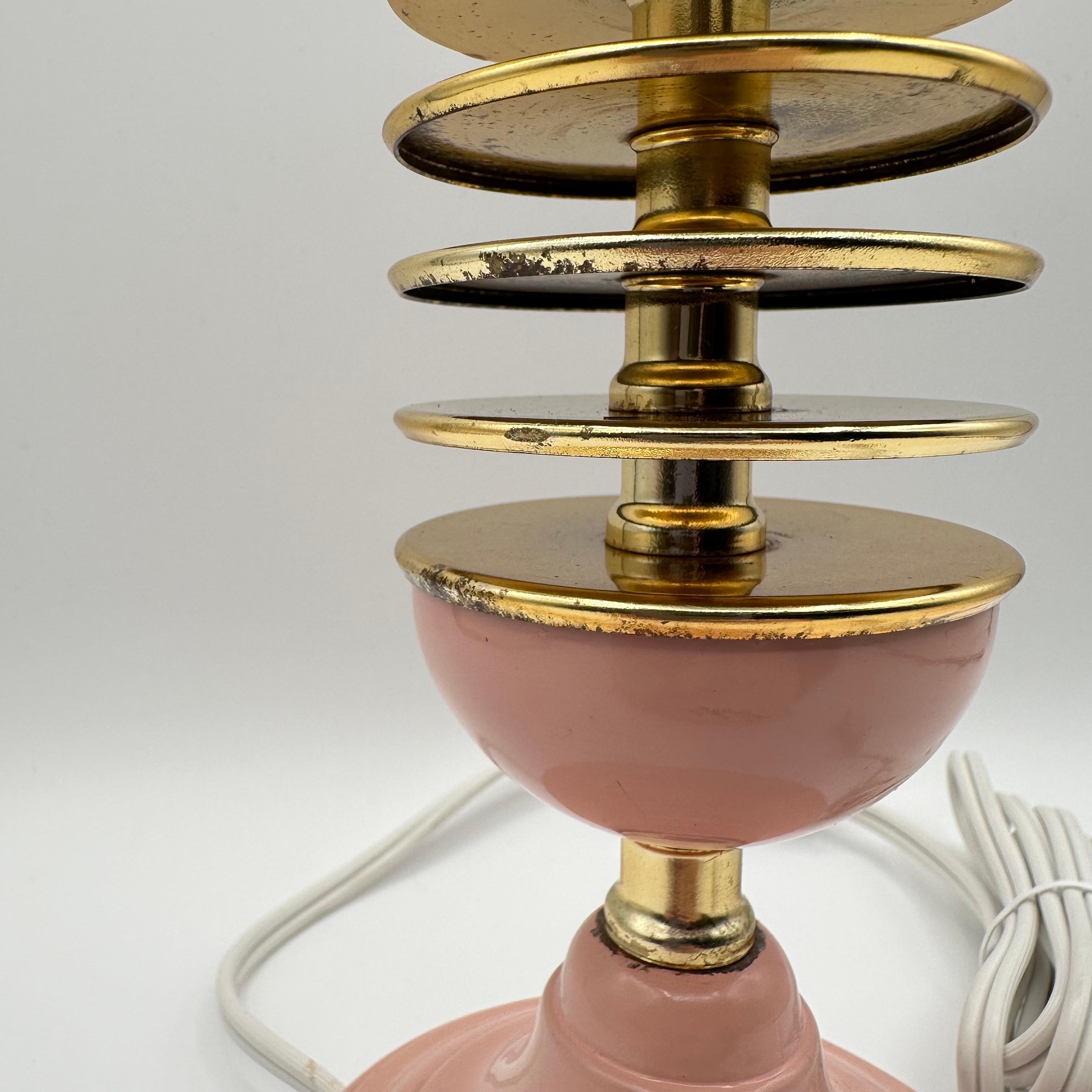 Vintage Pink and Brass Table Lamp with Round Floating Disc Body For Sale 6