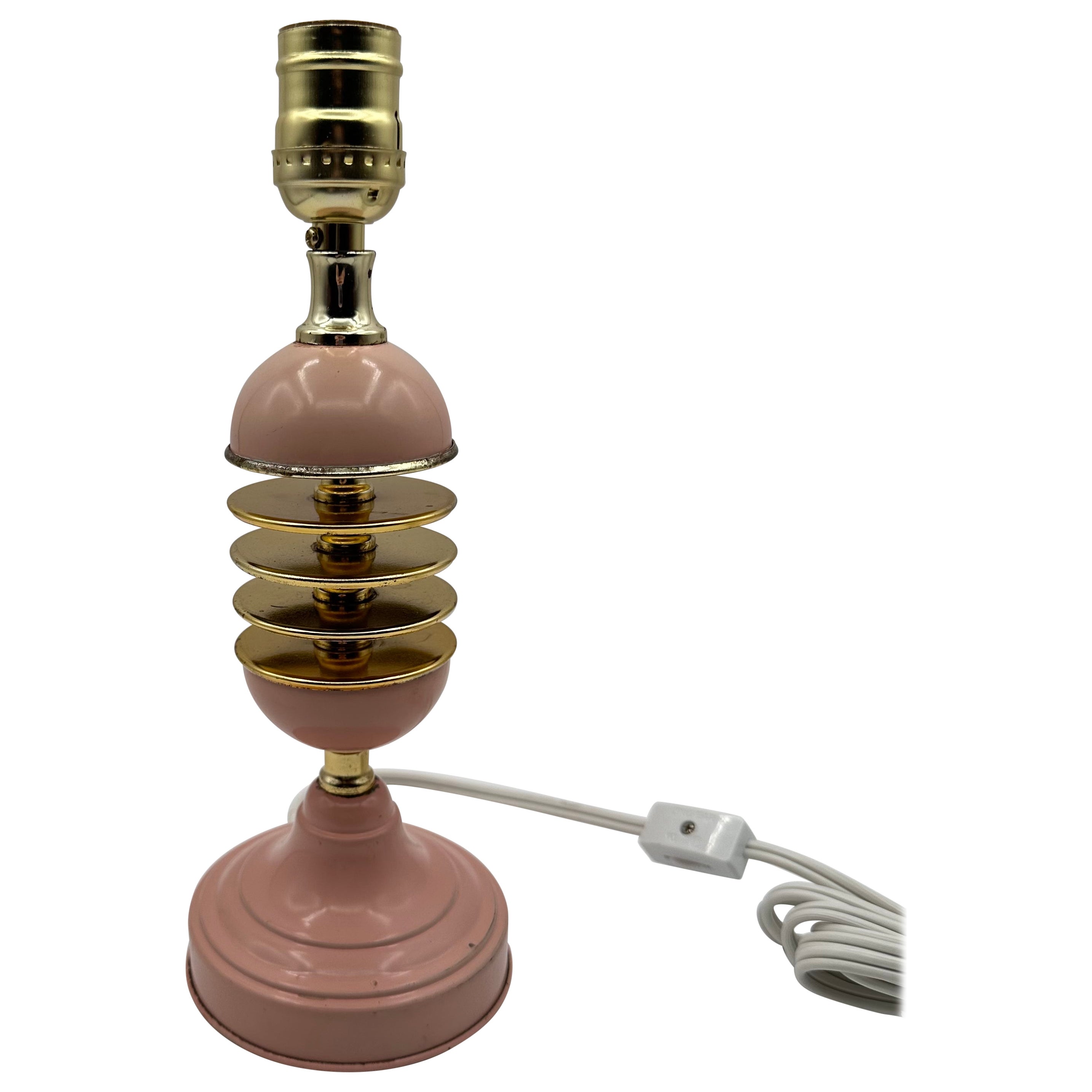 Lampada da tavolo vintage in rosa e ottone con corpo rotondo a disco fluttuante