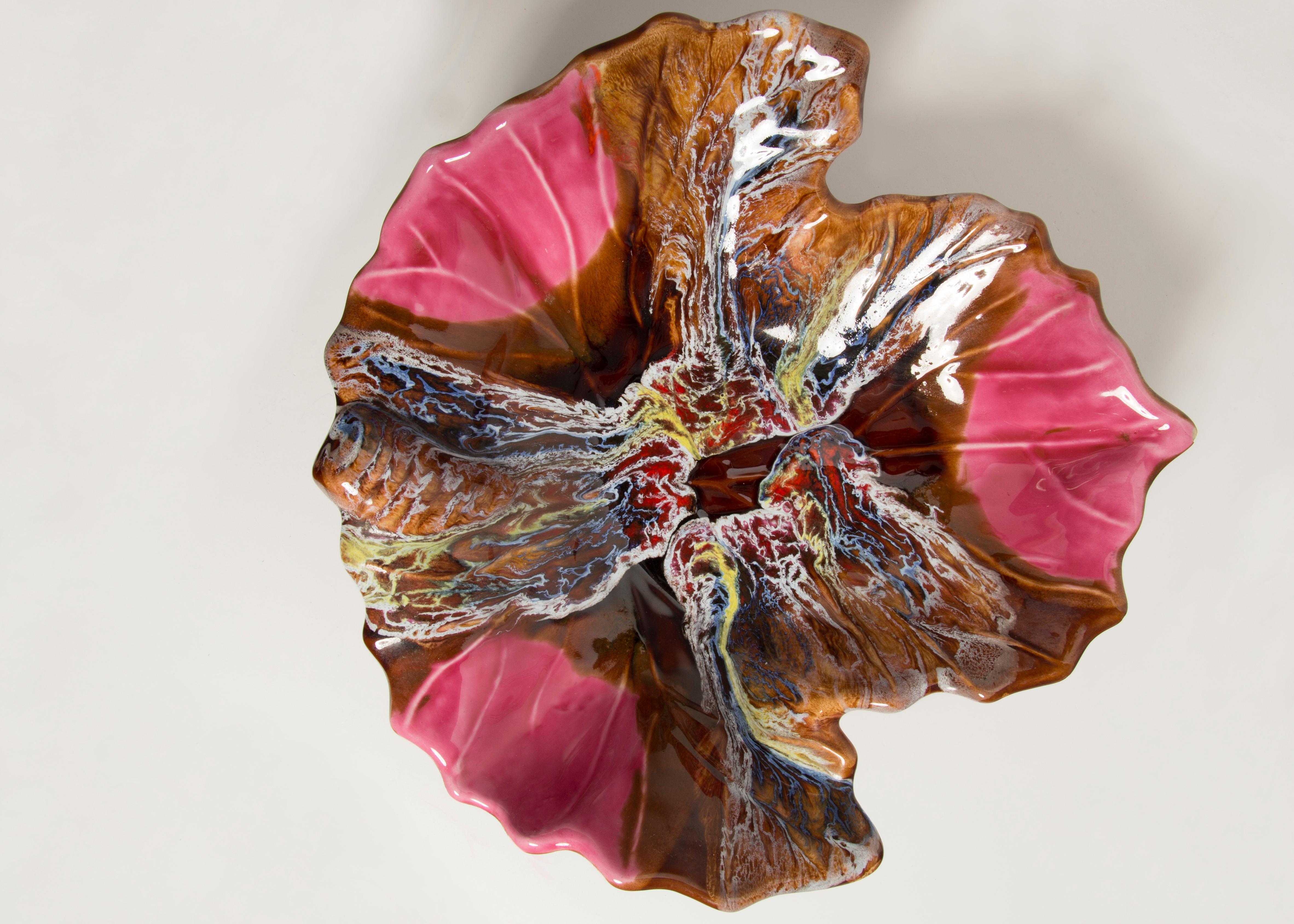 Vintage Pink and Brown Decorative Glass Leaf Plate, Italy, 1960s For Sale 8