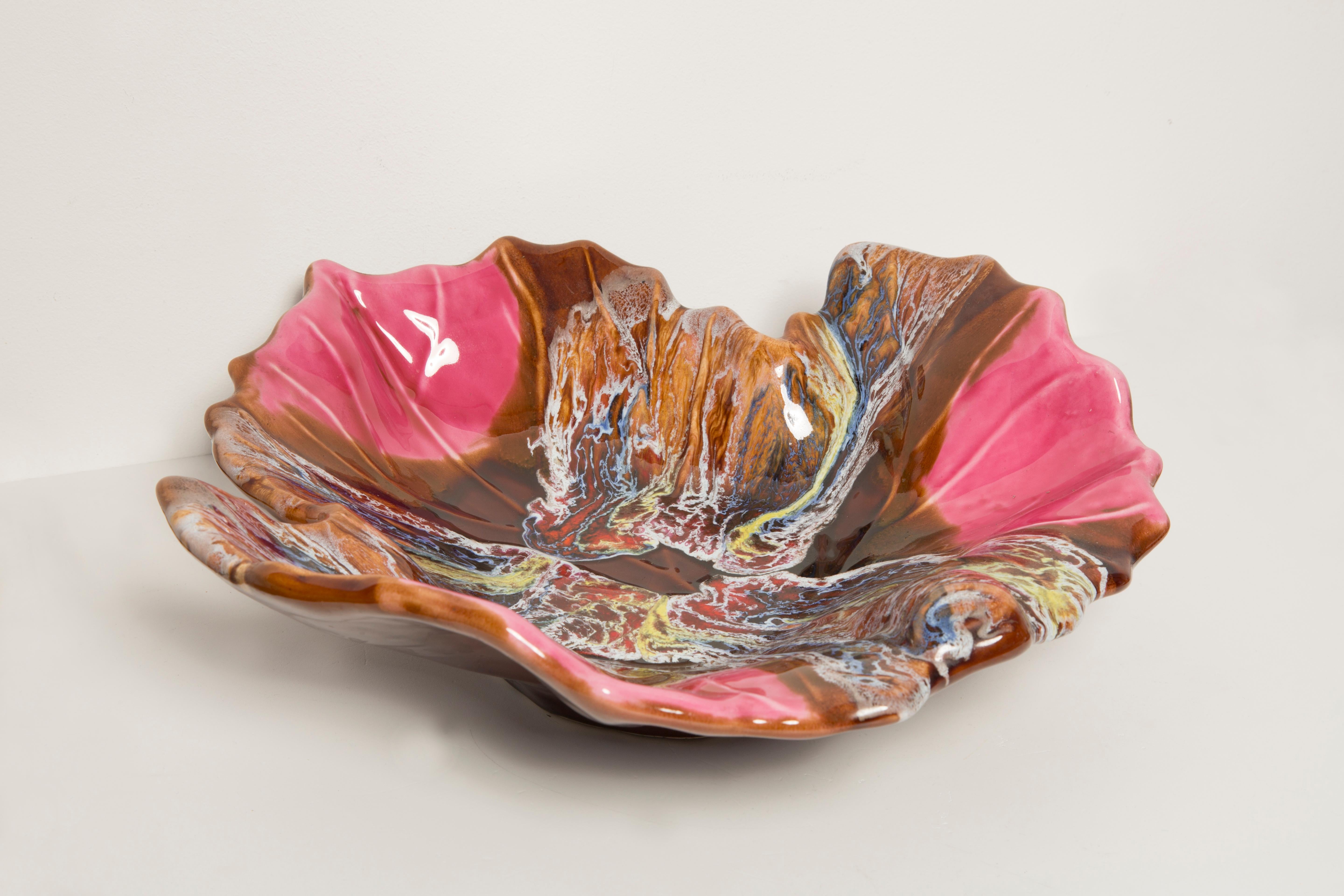 Vintage Pink and Brown Decorative Glass Leaf Plate, Italy, 1960s In Good Condition For Sale In 05-080 Hornowek, PL