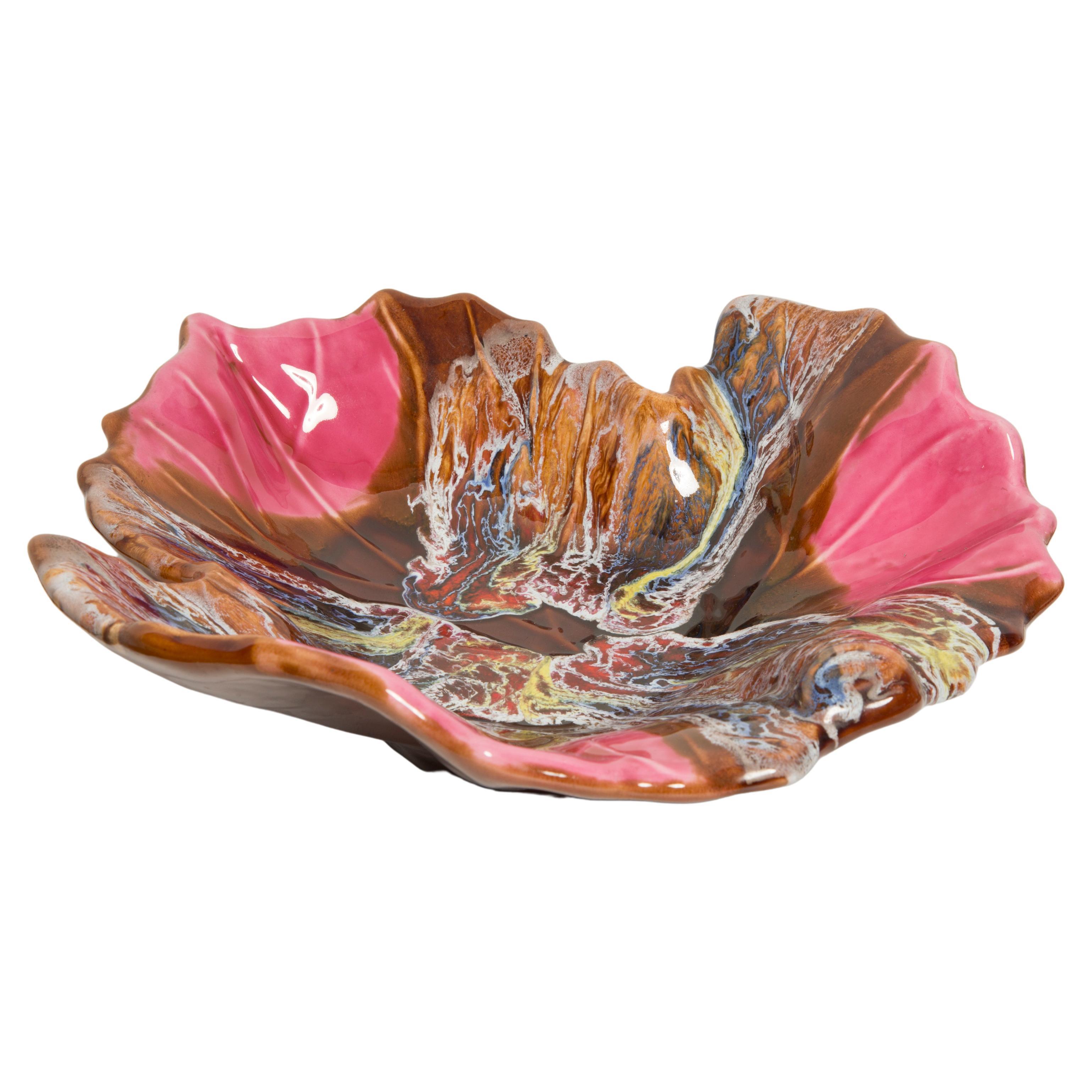 Vintage Pink and Brown Decorative Glass Leaf Plate, Italy, 1960s For Sale