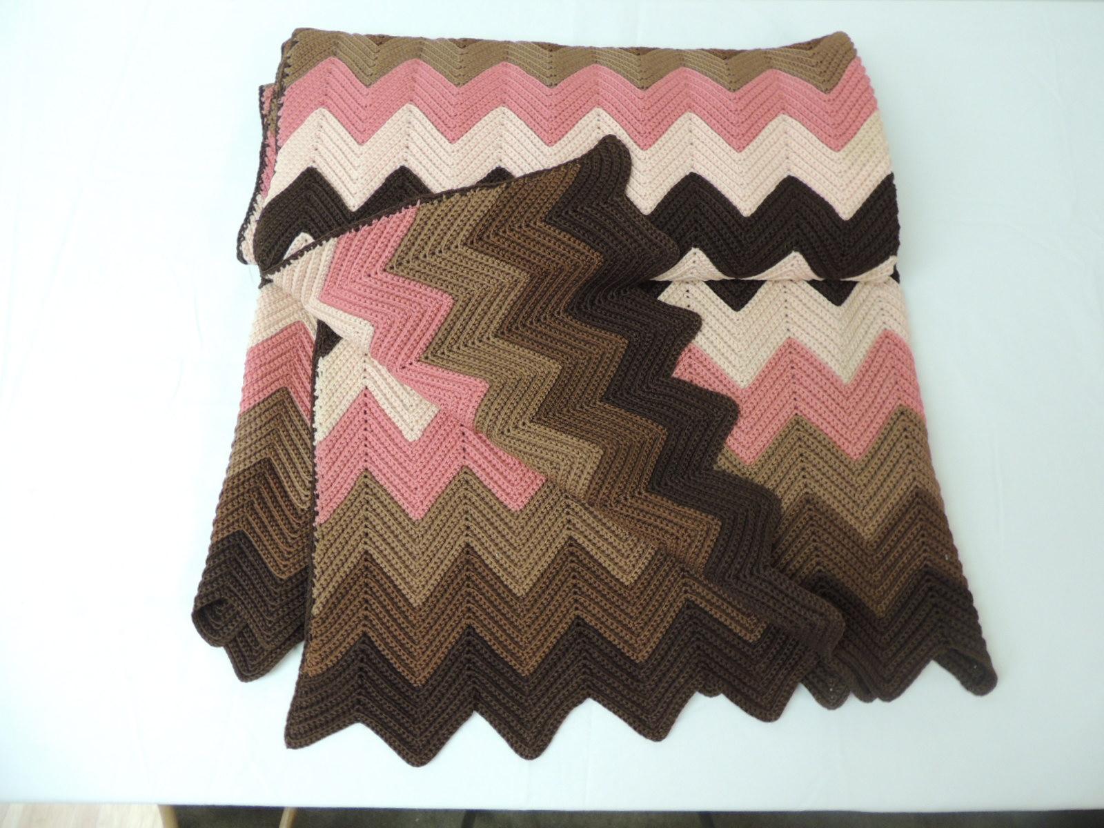 Chevron pattern pink and brown large throw or blanket.
Boho chic handmade throw in various graded shades of pink, peach and brown.
Size: 86 long x 44 W.
 