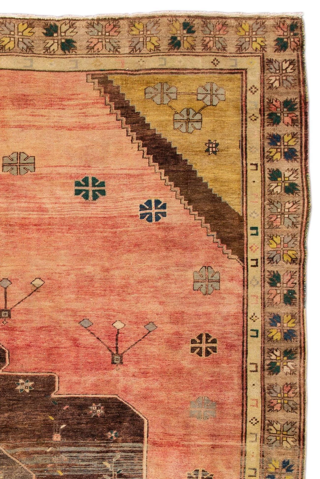 Vintage Pink and Brown Turkish Kars Rug at 1stDibs