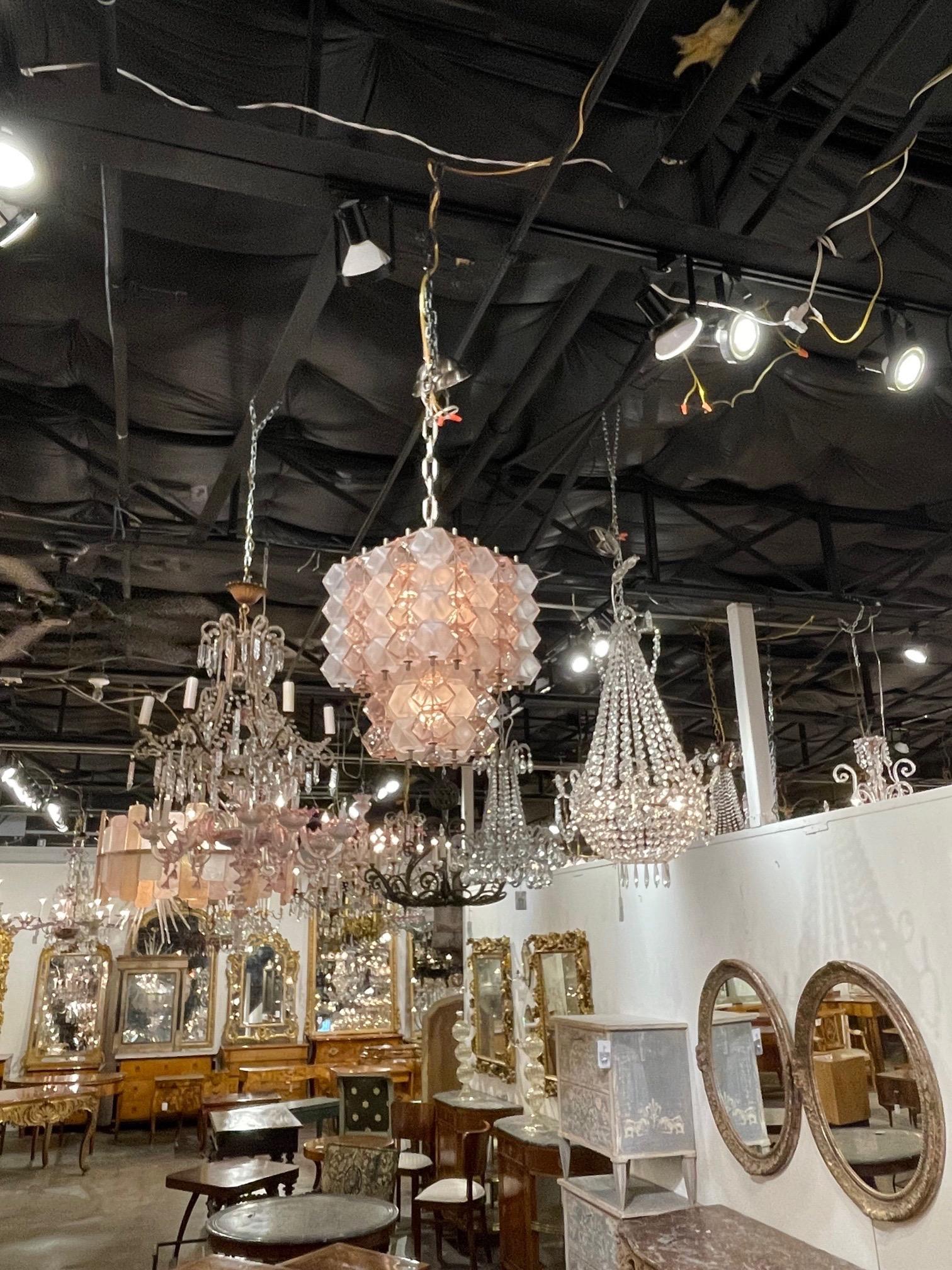 Interesting vintage pink and frosted Murano glass chandelier. Beautiful cube shaped fixture with textured glistening glass. Perfect for modern decor!