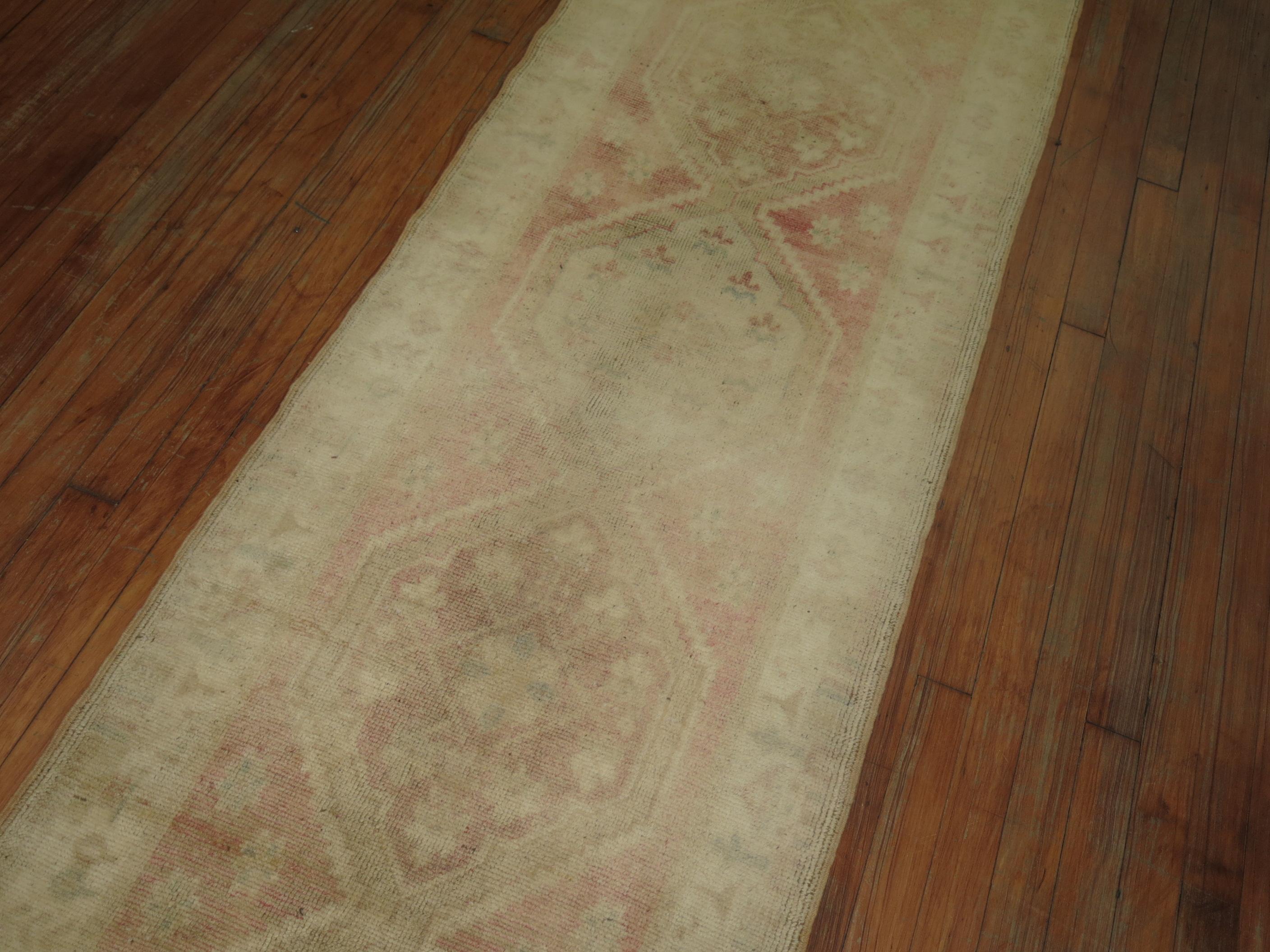Wool Vintage Pink and Ivory Oushak Runner
