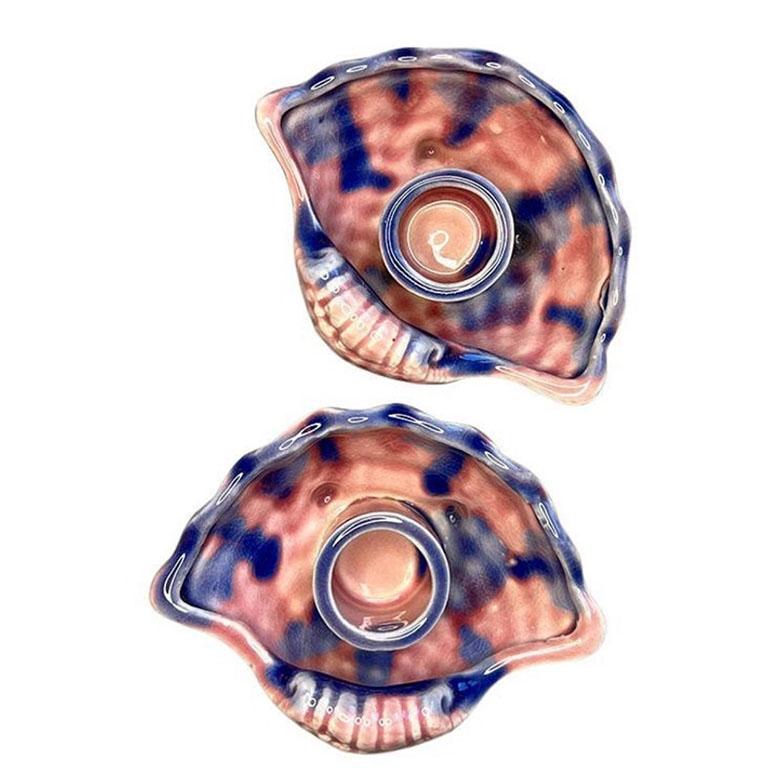 Hollywood Regency Vintage Pink and Purple Ceramic Majolica Clam Shell Candle Holder and Bowl Set For Sale