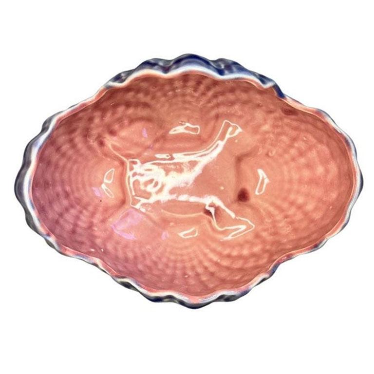 Japanese Vintage Pink and Purple Ceramic Majolica Clam Shell Candle Holder and Bowl Set For Sale