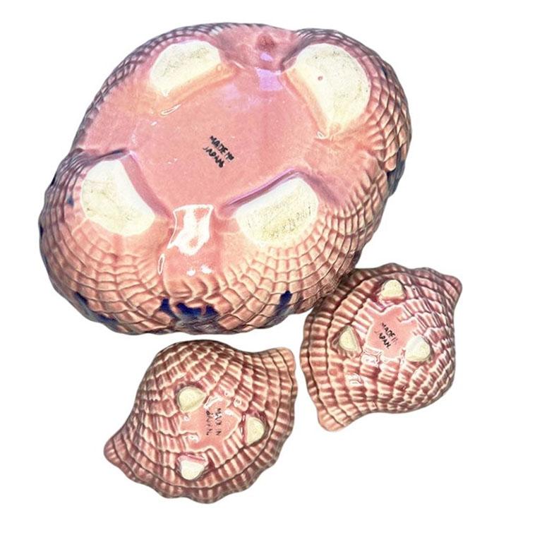 20th Century Vintage Pink and Purple Ceramic Majolica Clam Shell Candle Holder and Bowl Set For Sale