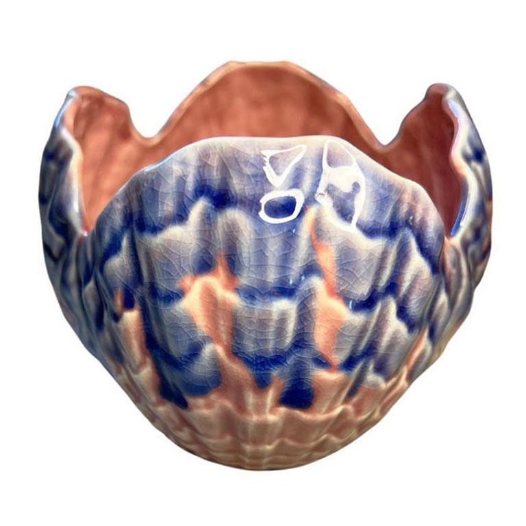 Vintage Pink and Purple Ceramic Majolica Clam Shell Candle Holder and Bowl Set For Sale 1