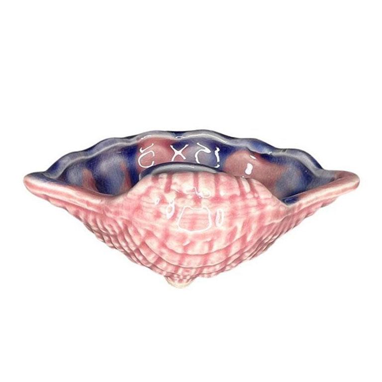 Vintage Pink and Purple Ceramic Majolica Clam Shell Candle Holder and Bowl Set For Sale 2