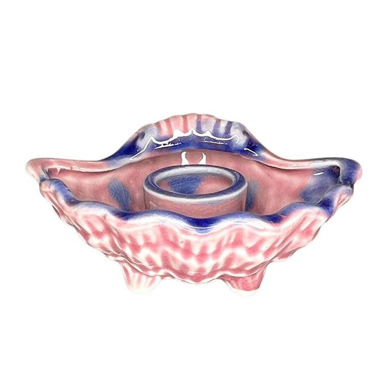 Vintage Pink and Purple Ceramic Majolica Clam Shell Candle Holder and Bowl Set For Sale 3