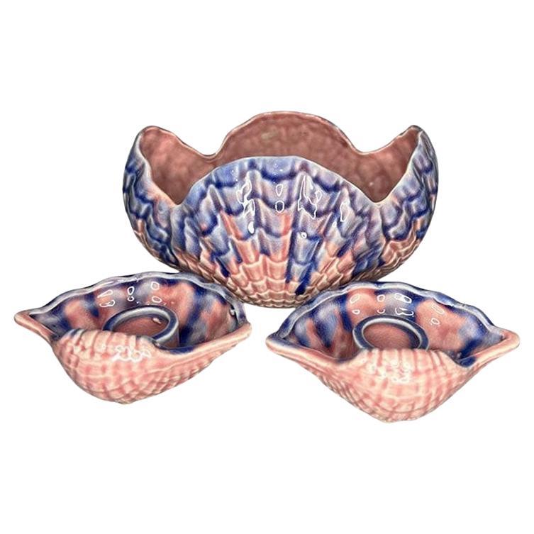Vintage Pink and Purple Ceramic Majolica Clam Shell Candle Holder and Bowl Set For Sale