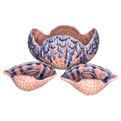 Bougeoir et bol vintage en céramique rose et mauve avec coquille de palourde
