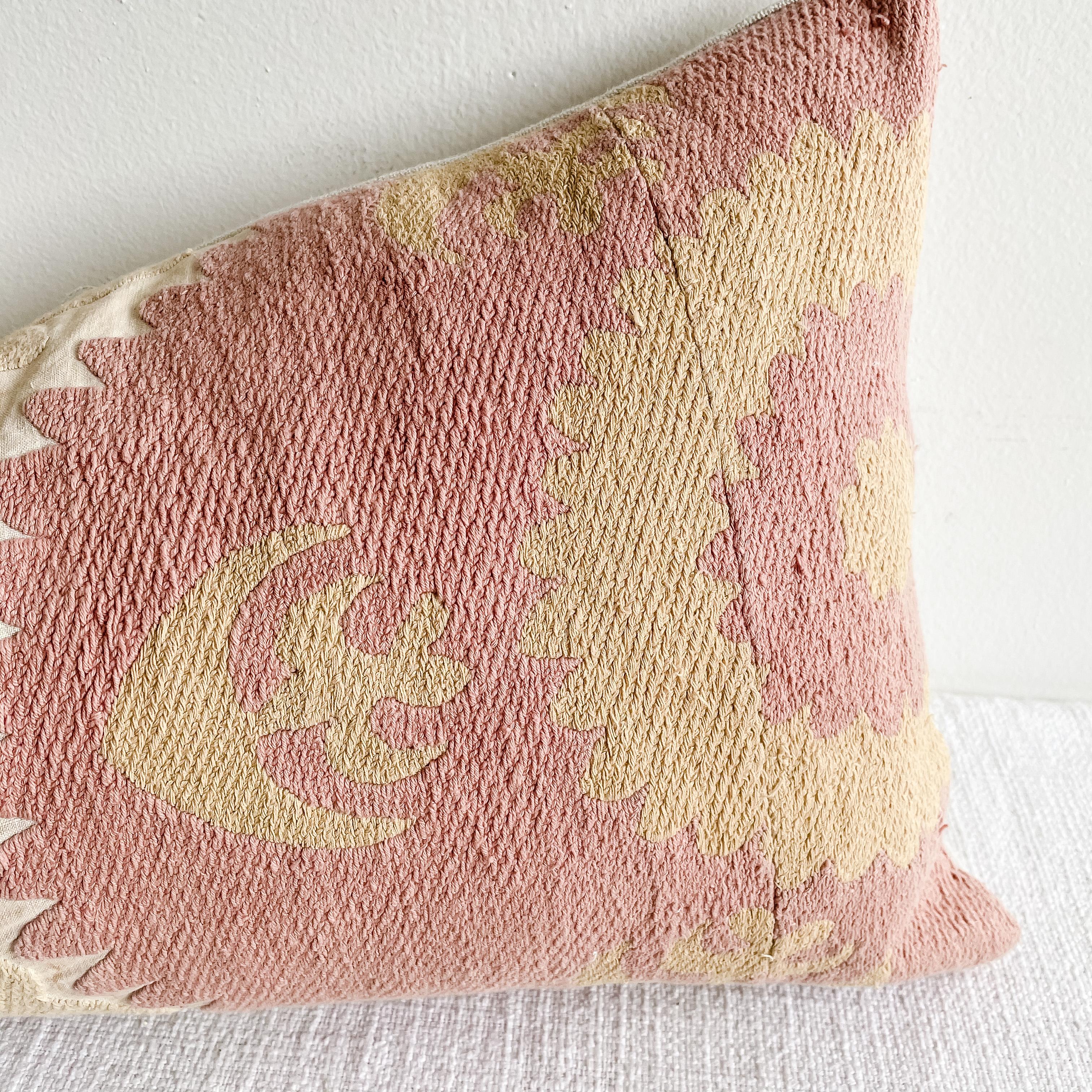 20th Century Vintage Pink and Tan Embroidered Suzani Pillow with Down Feather Insert