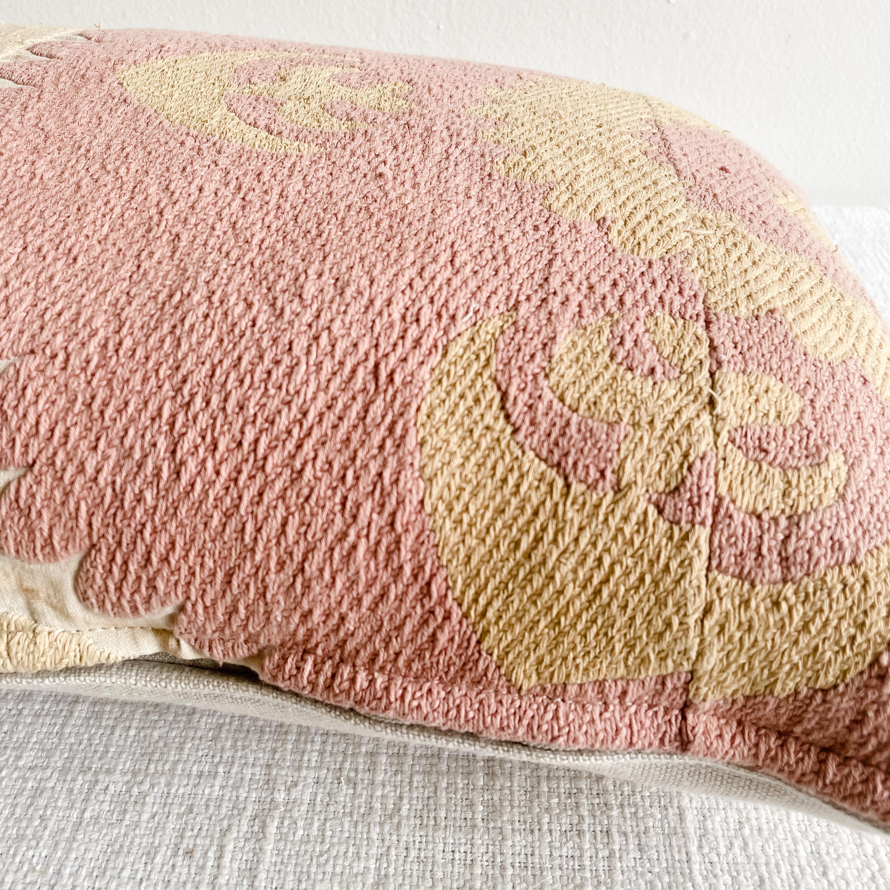 Linen Vintage Pink and Tan Embroidered Suzani Pillow with Down Feather Insert