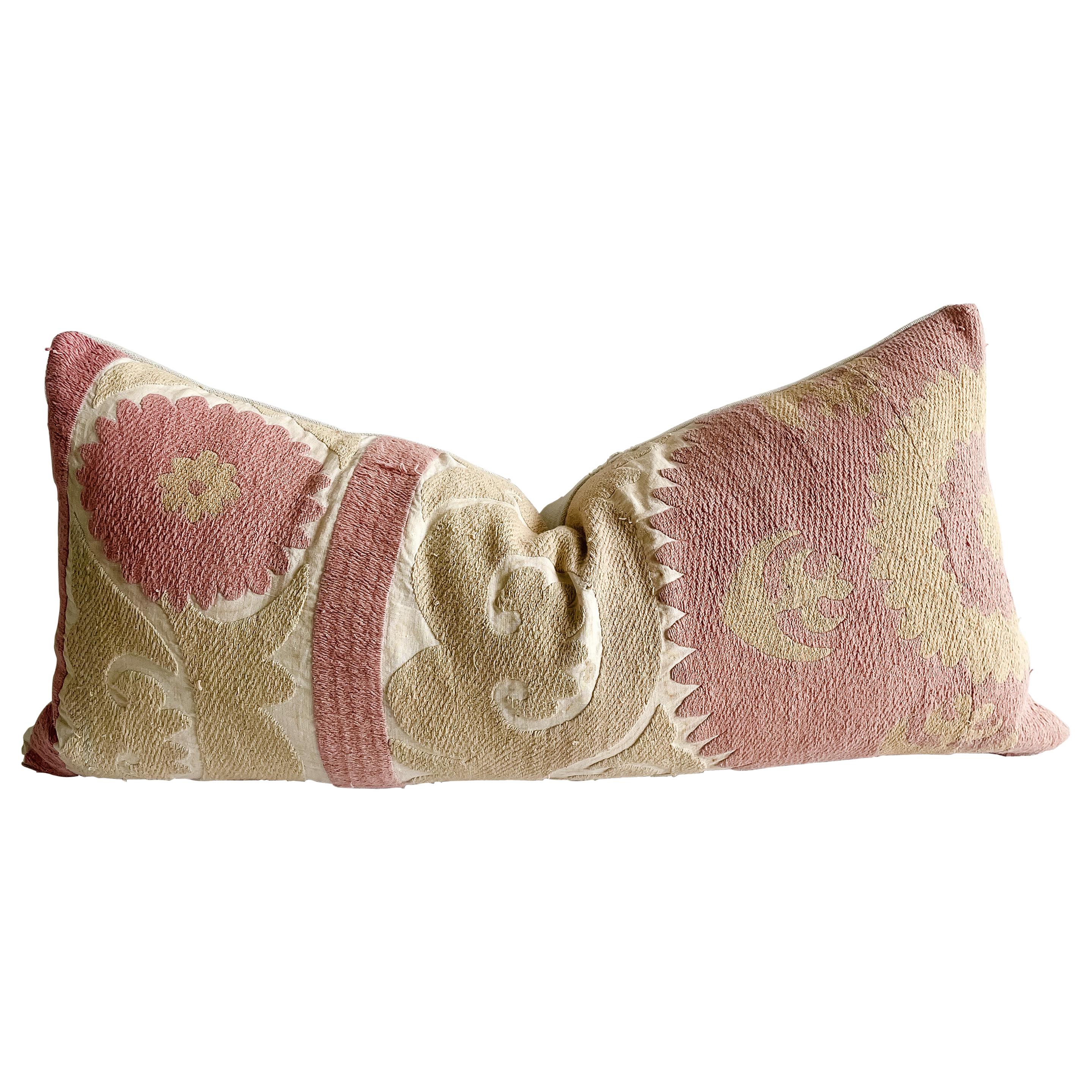 Vintage Pink and Tan Embroidered Suzani Pillow with Down Feather Insert