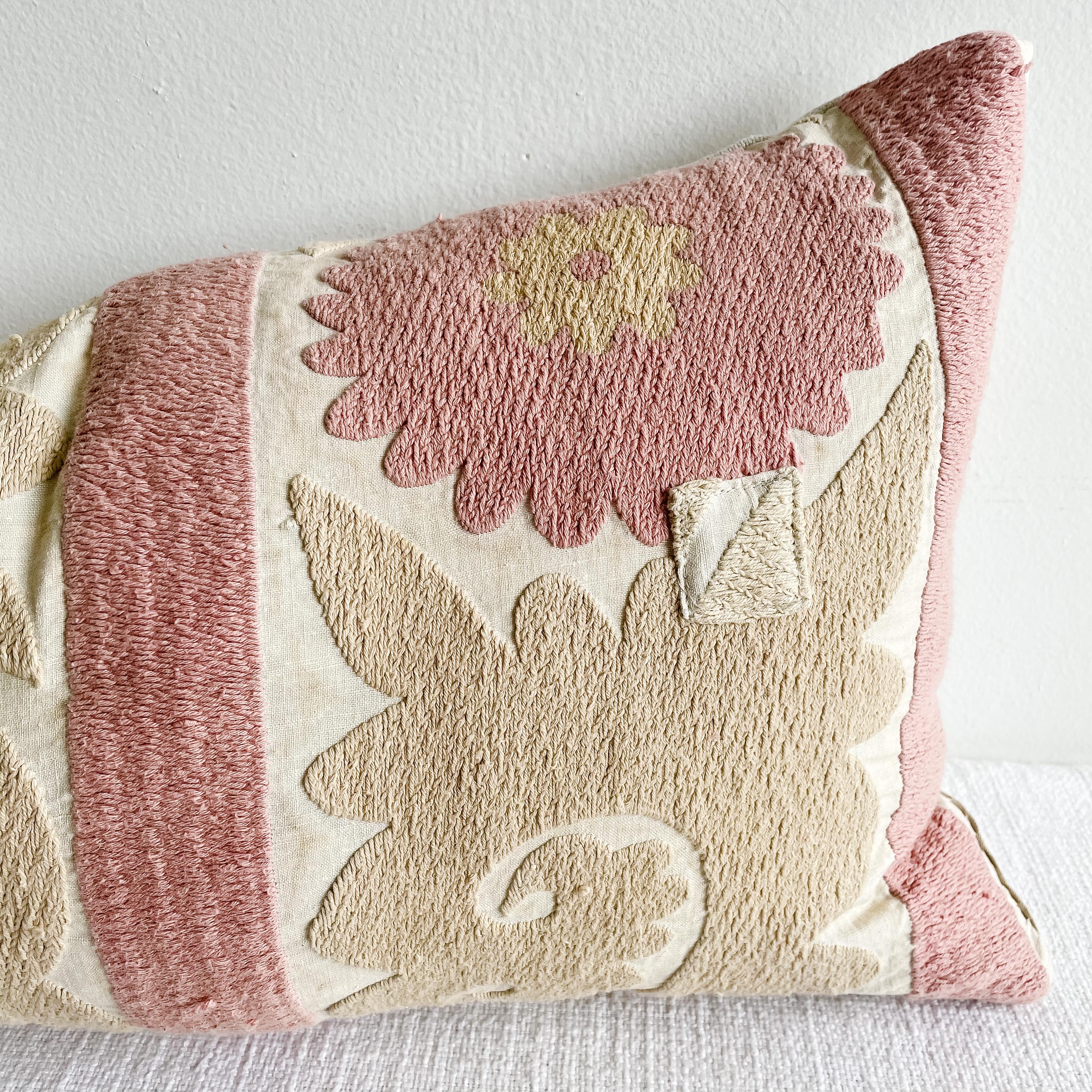 Vintage Pink and Tan Suzani Embroidered Pillow with Down Feather Insert In Good Condition In Brea, CA